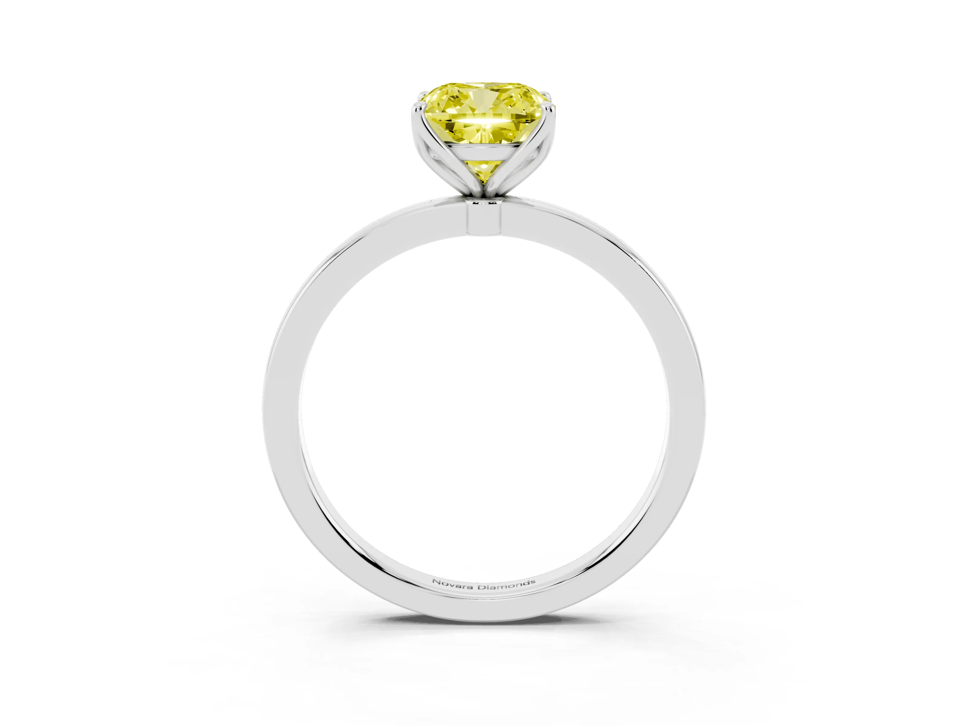 Fancy Yellow Cushion Cut Diamond Solitaire Ring Set in White gold with Prong Setting and Thin Polished Band