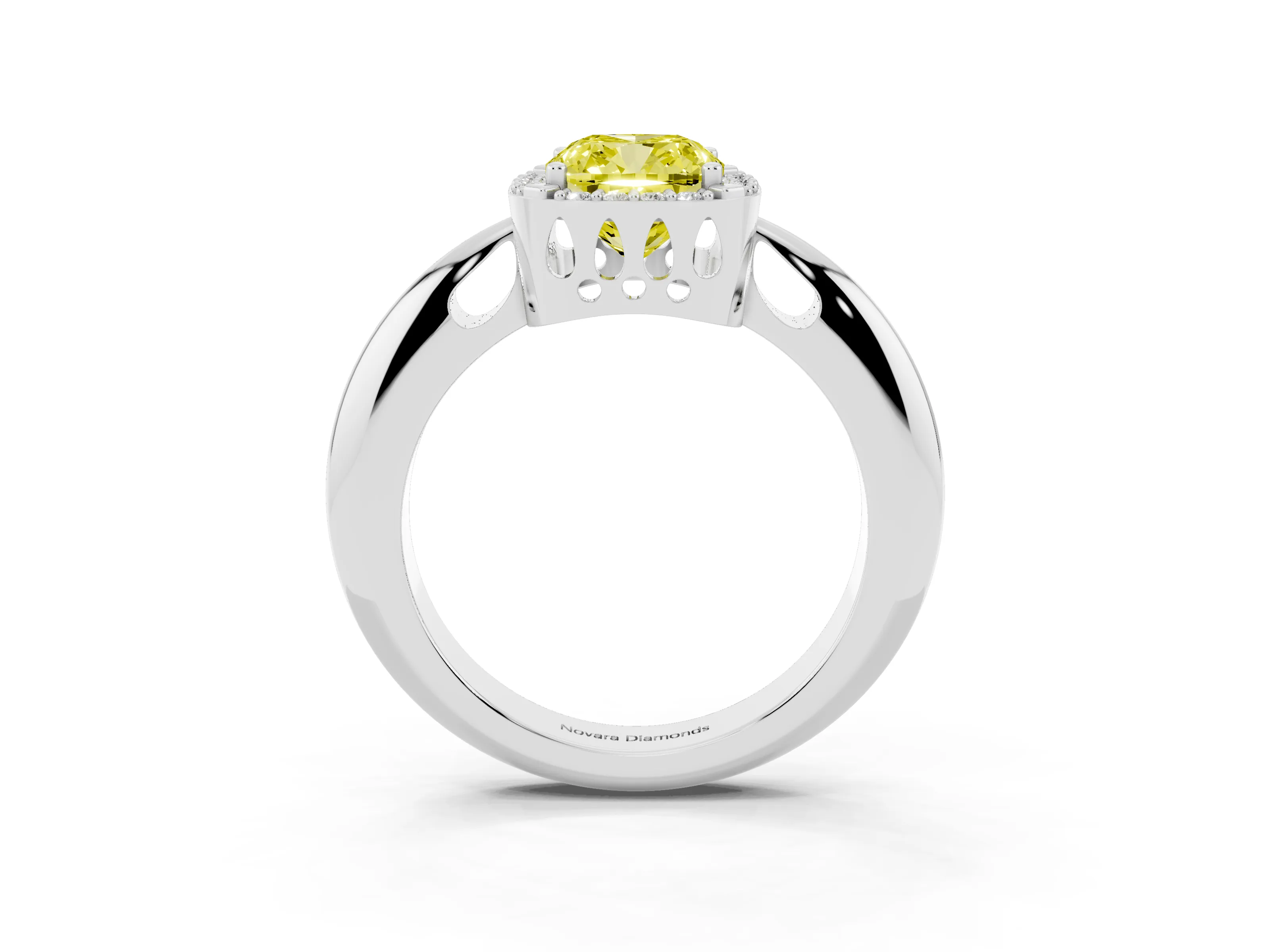 Fancy Yellow Cushion Cut Diamond Halo Engagement Ring Set in Silver with Plain Split Shank and Prong Setting