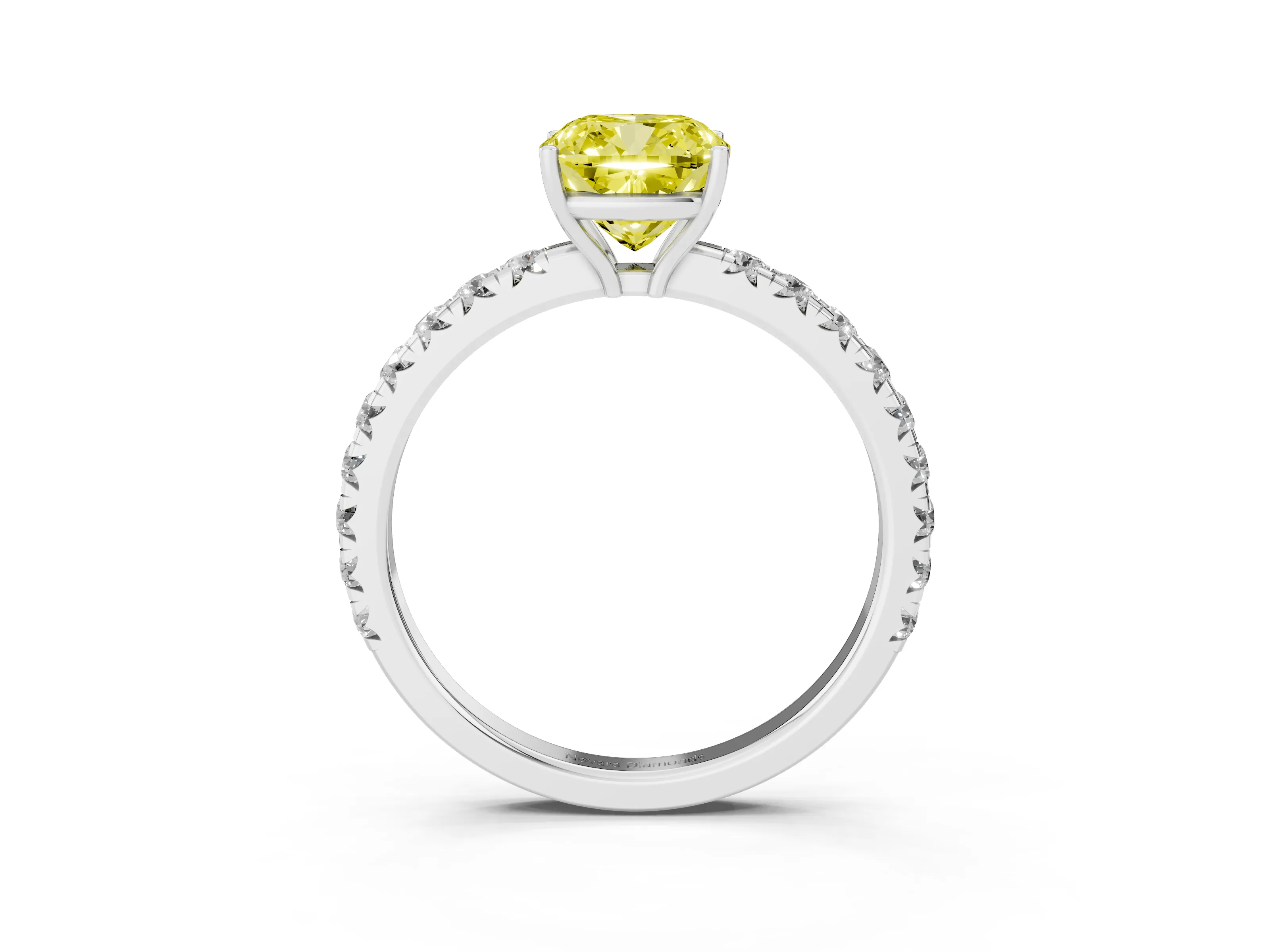Fancy Yellow Cushion Cut Diamond Pavé Solitaire Engagement Ring Set in White gold with Prong Setting