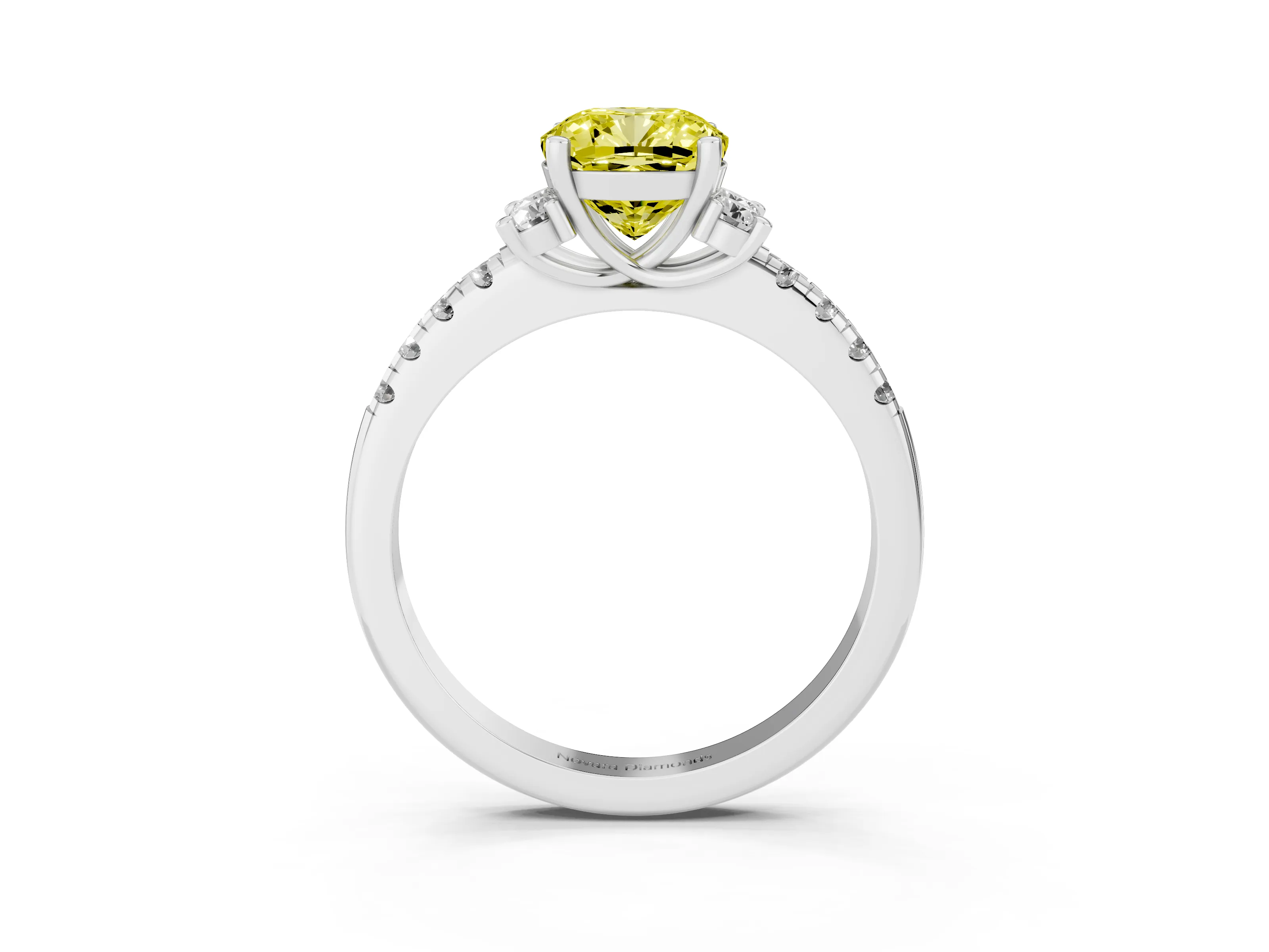 Fancy Yellow Cushion Cut Diamond Three-Stone Pavé Ring Set in Silver with Prong Setting