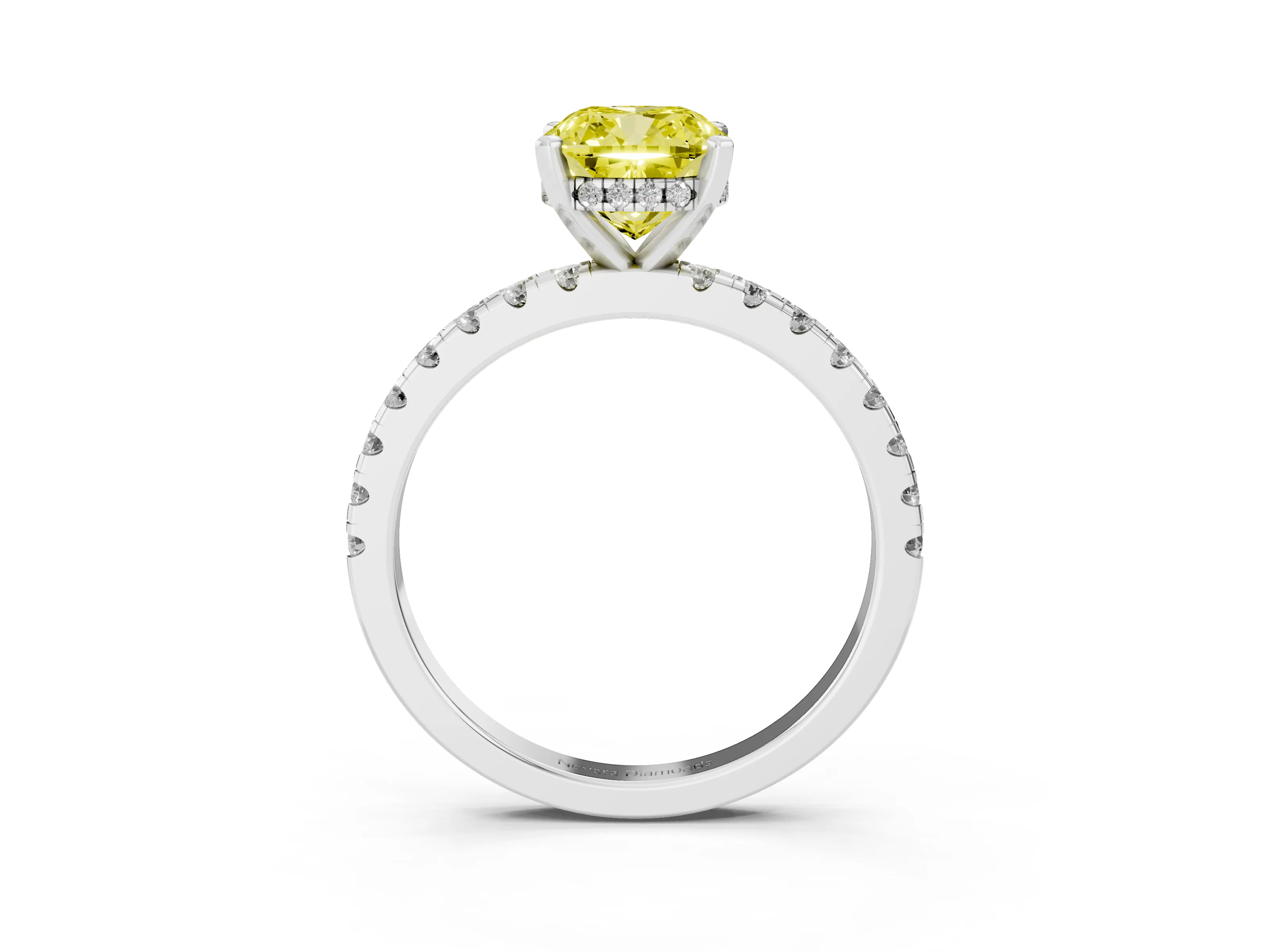 Fancy Yellow Cushion Cut Diamond Pavé Solitaire Ring Set in White gold with Round Band Accents and Prong Setting