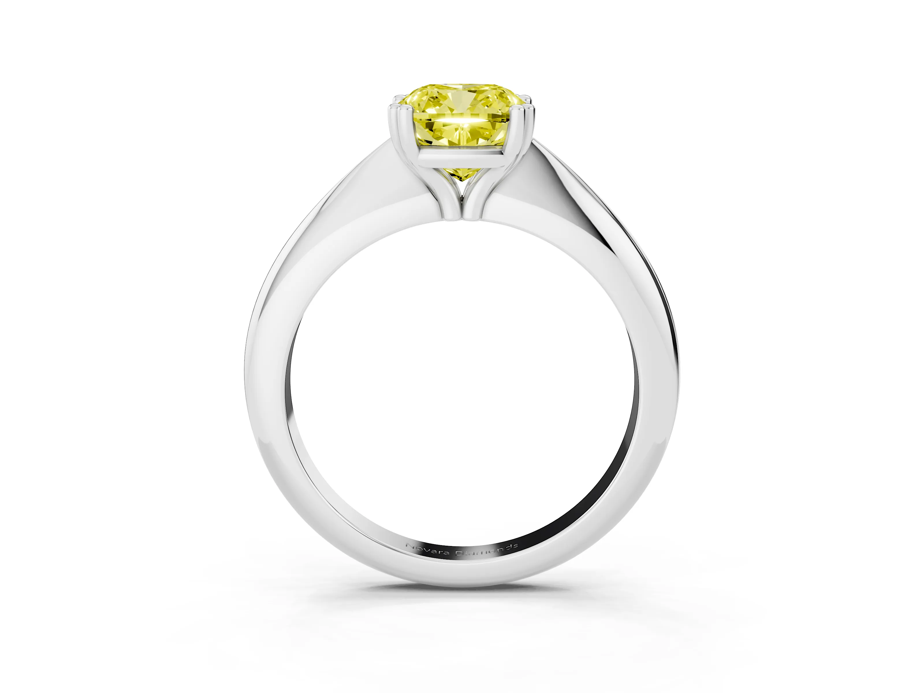 Fancy Yellow Cushion Cut Diamond Solitaire Engagement Ring Set in White gold with Tapered Band and Prong Setting