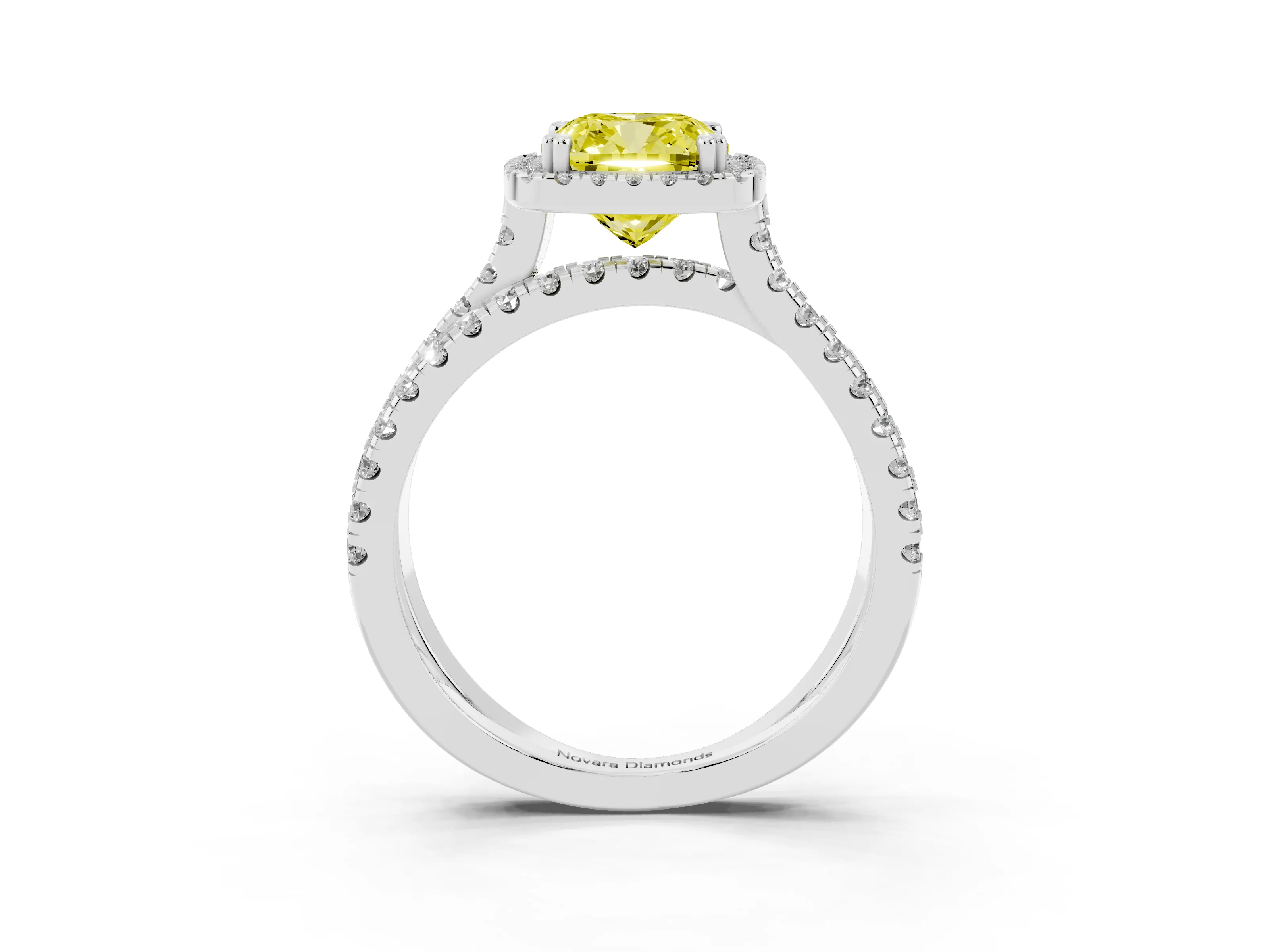Fancy Yellow Cushion Cut Diamond Halo Split Shank Ring Set in Silver with Pavé Setting