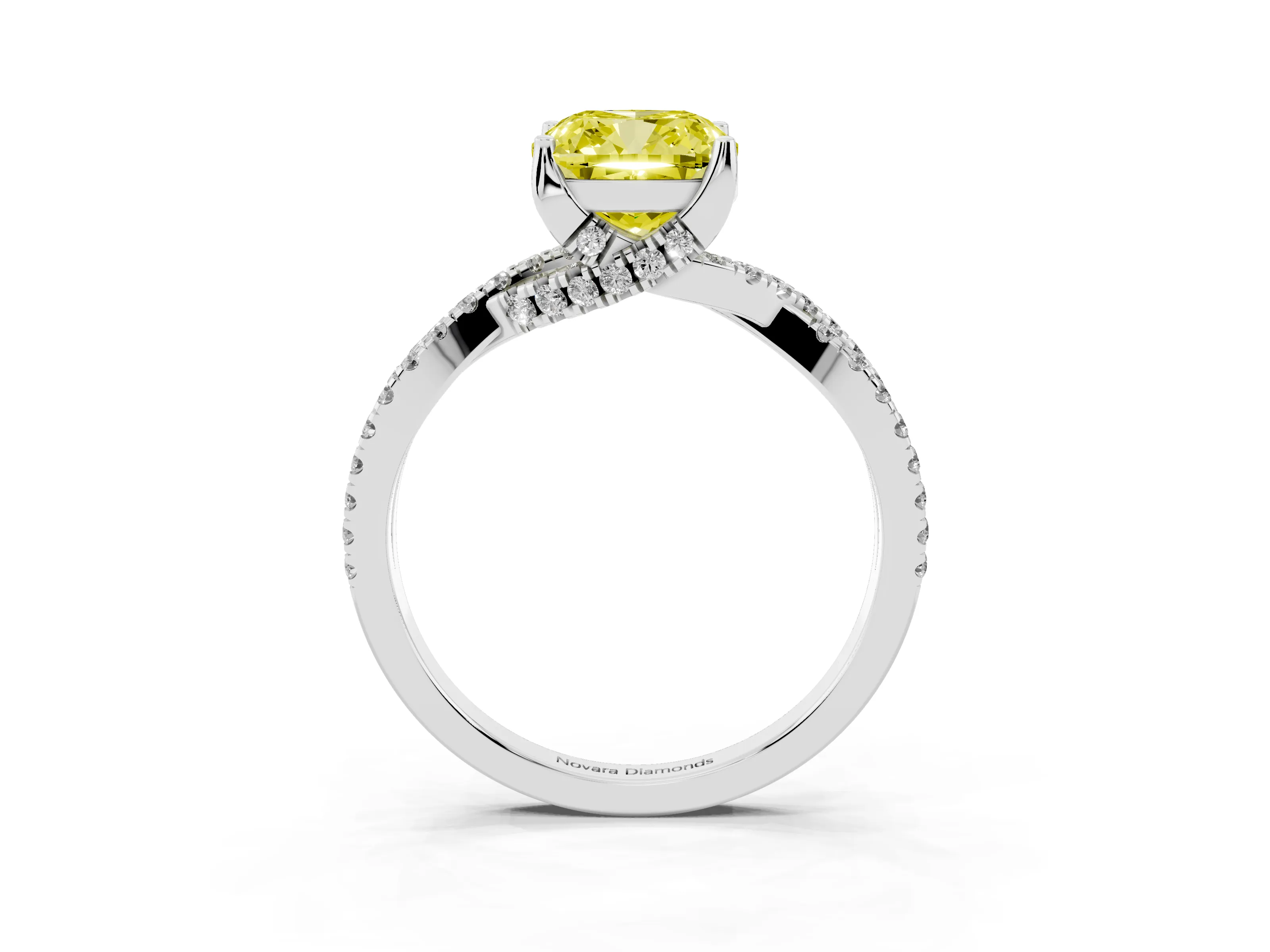 Fancy Yellow Cushion Cut Diamond Twist Pavé Solitaire Engagement Ring Set in White gold with Prong Setting