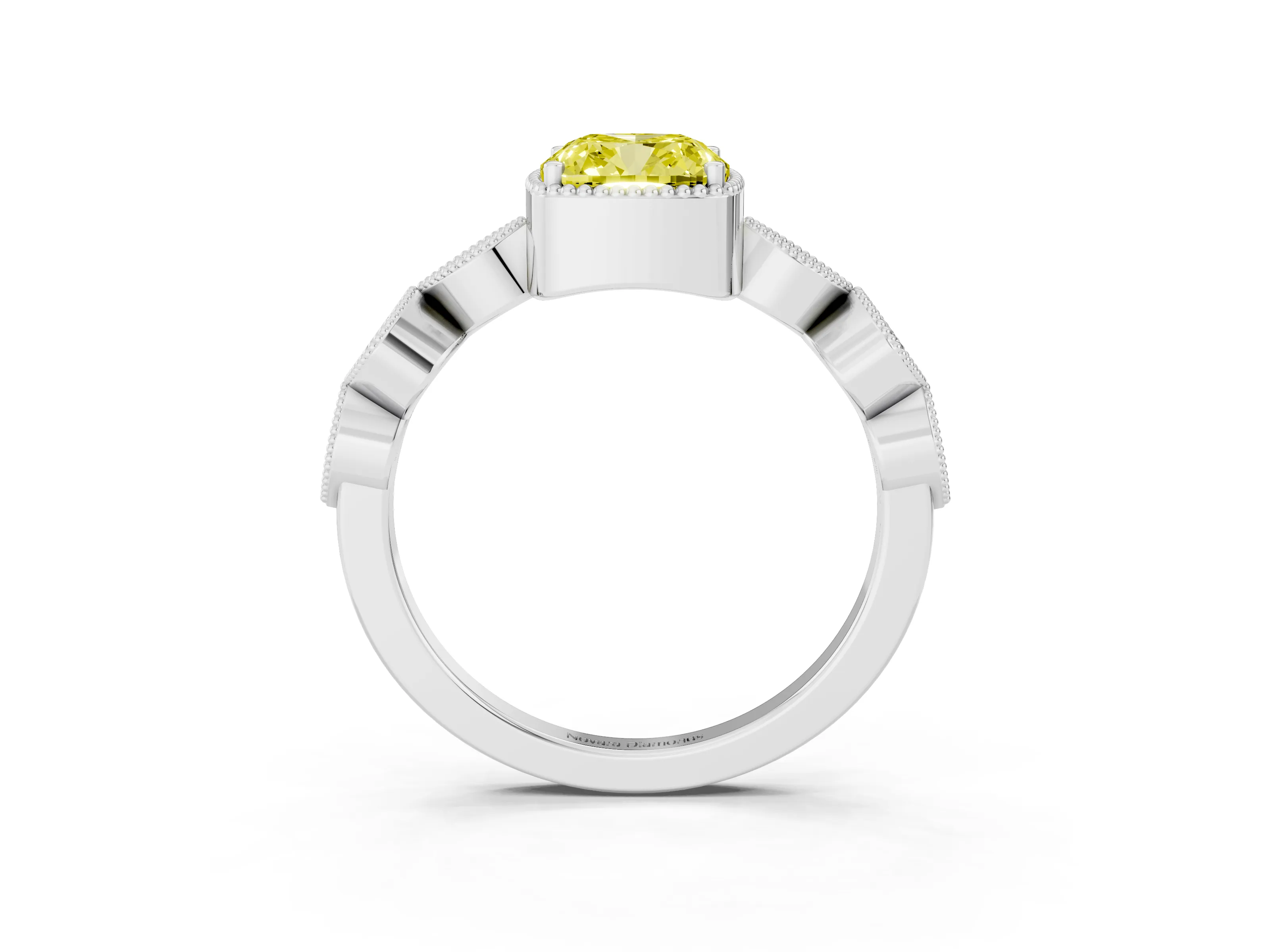 Fancy Yellow Cushion Cut Diamond Vintage-Inspired Milgrain Ring Set in White gold with Marquise Stations of Round Accents