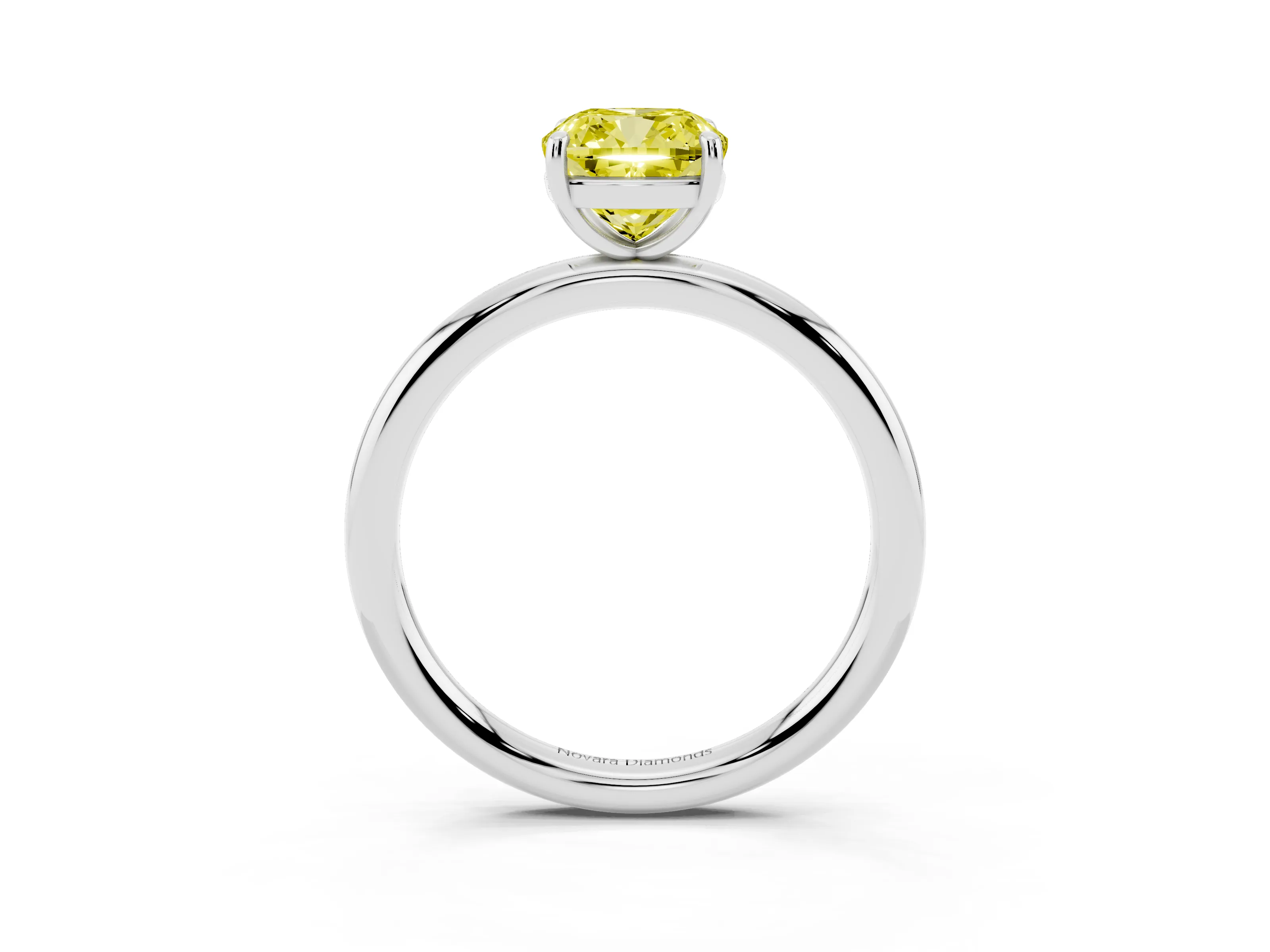 Fancy Yellow Cushion Cut Diamond Solitaire Ring Set in Platinum with Prong Setting on a Polished Plain Band
