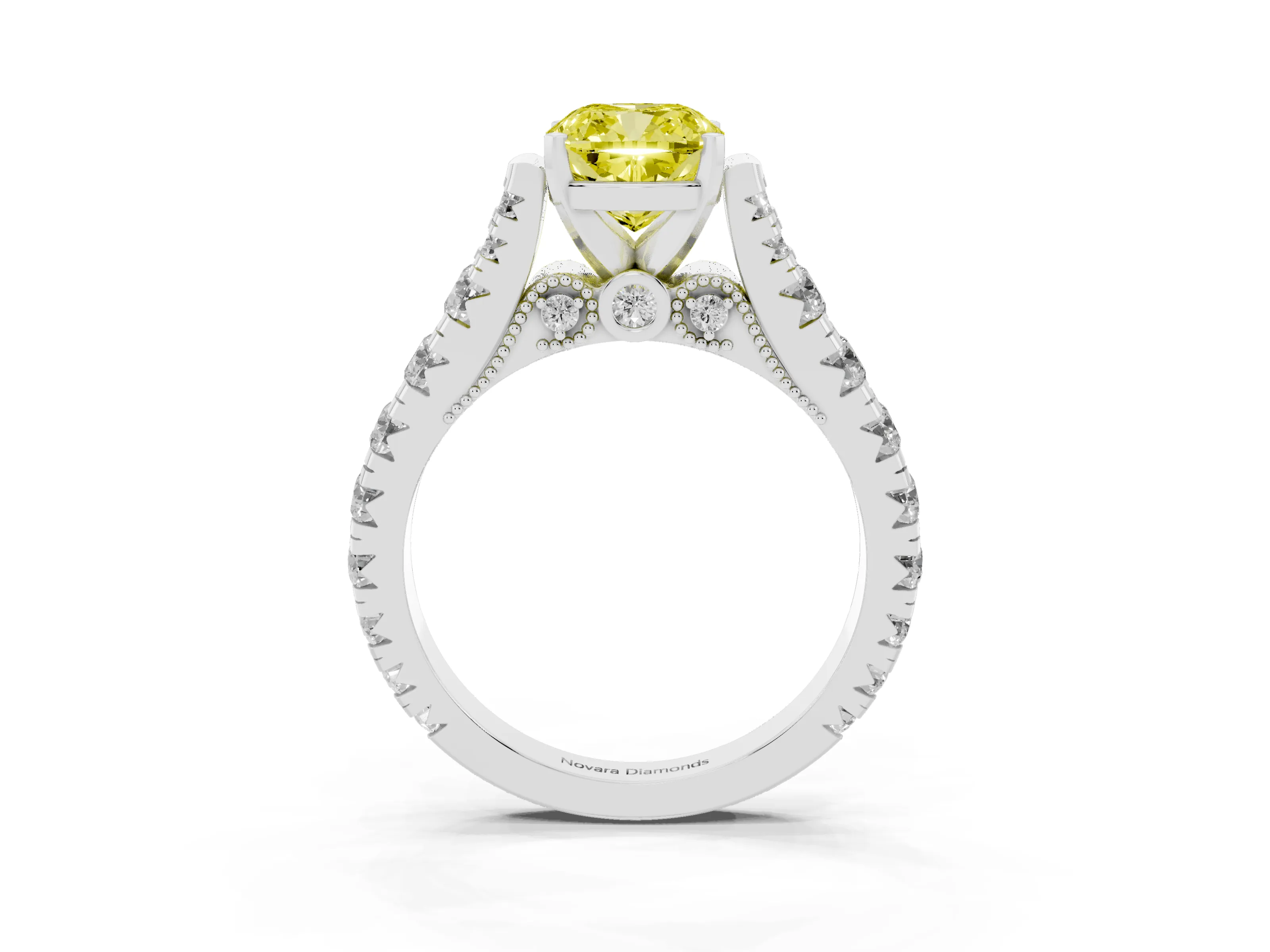 Fancy Yellow Cushion Cut Diamond Classic Solitaire Ring Set in White gold with Pavé Band and Prong Setting