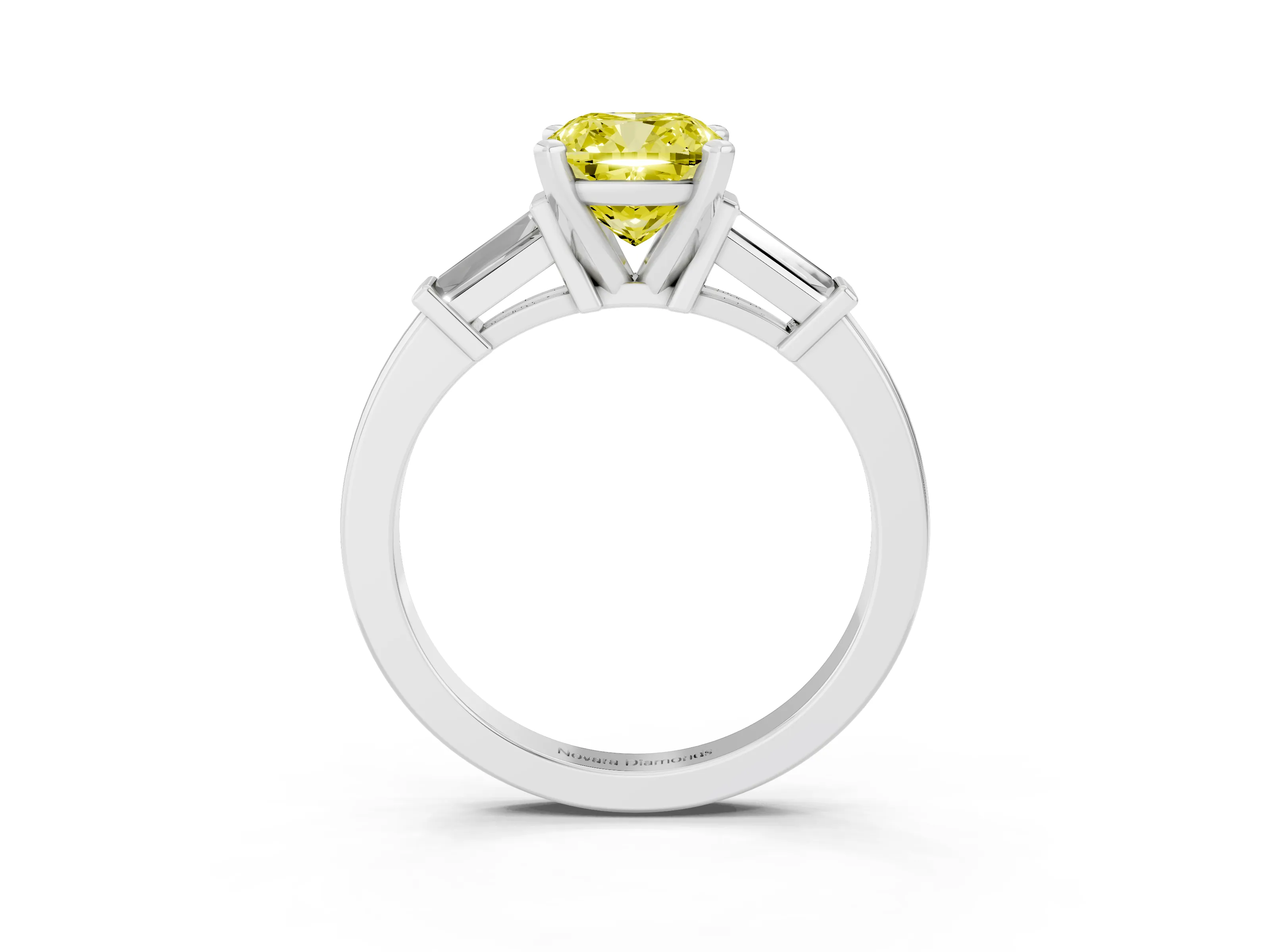 Fancy Yellow Cushion Cut Diamond Solitaire Ring Set in Platinum with Tapered Baguette Accents and Prong Setting