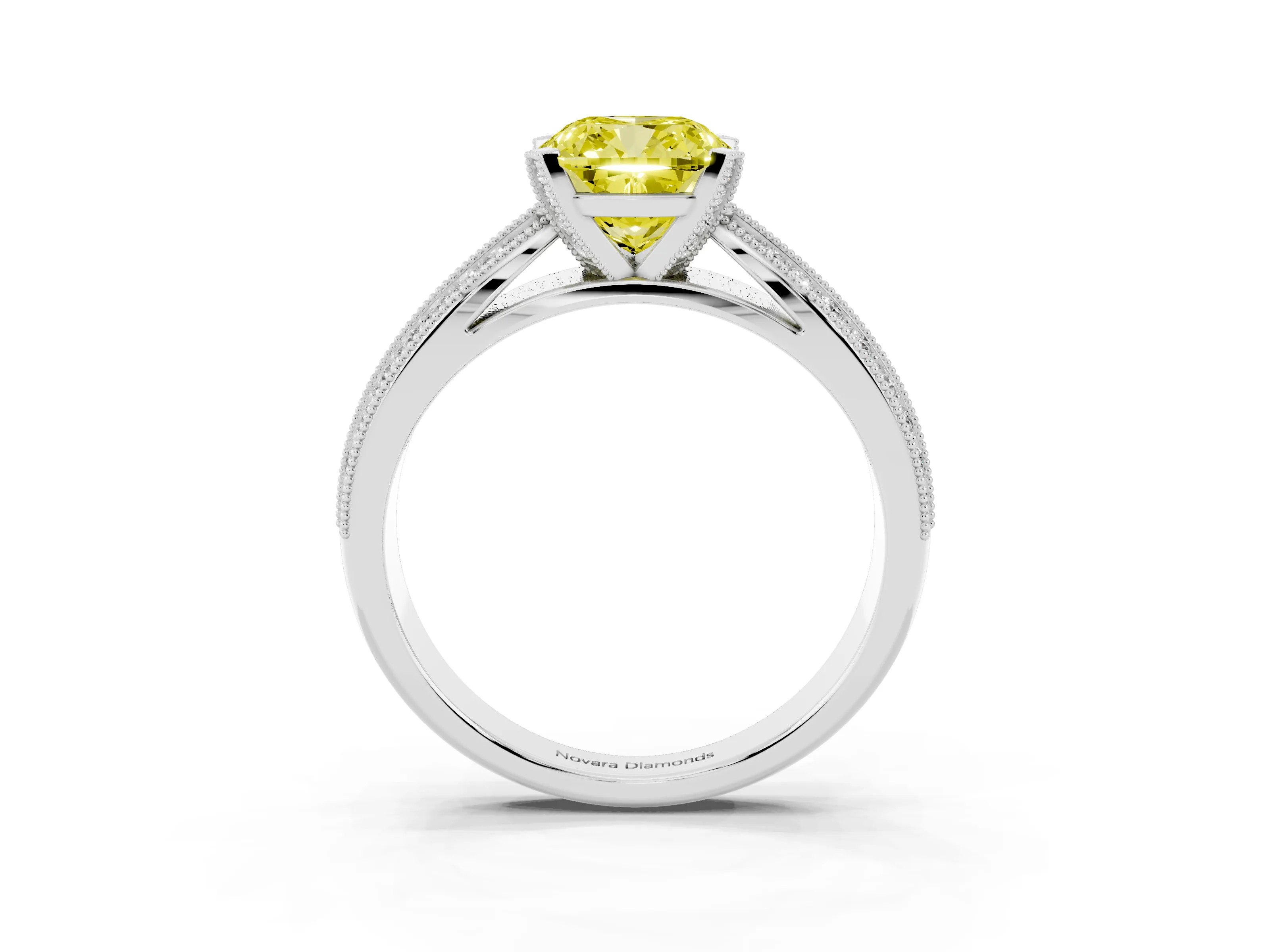 Fancy Yellow Cushion Cut Diamond Solitaire Ring Set in Platinum with Milgrain Double Row Round Pavé Band