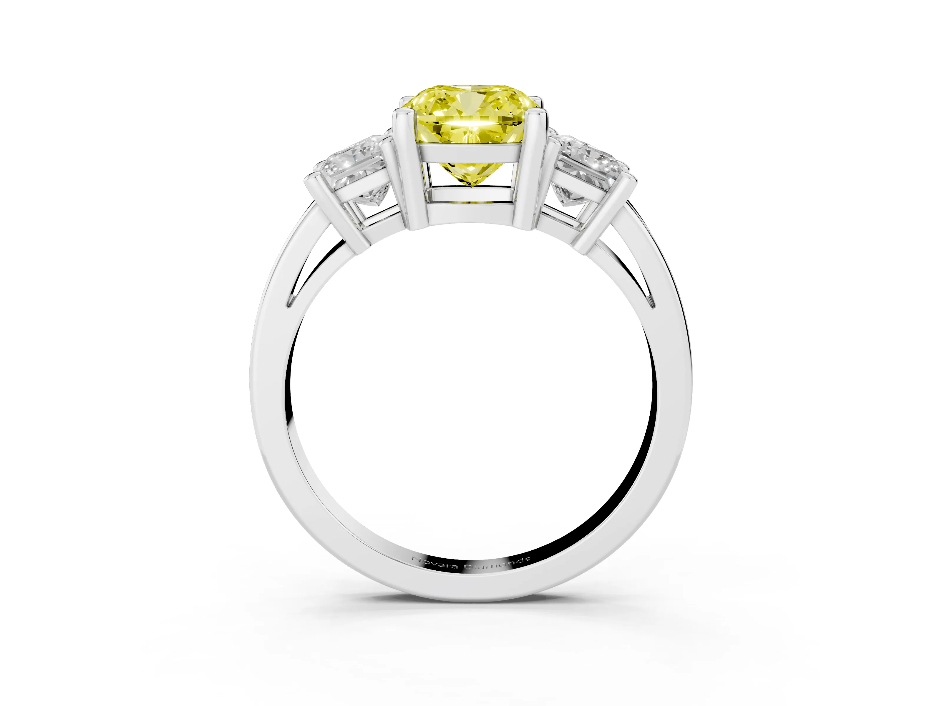 Fancy Yellow Three-Stone Cushion Cut Diamond Solitaire Ring Set in Silver with Prong Setting