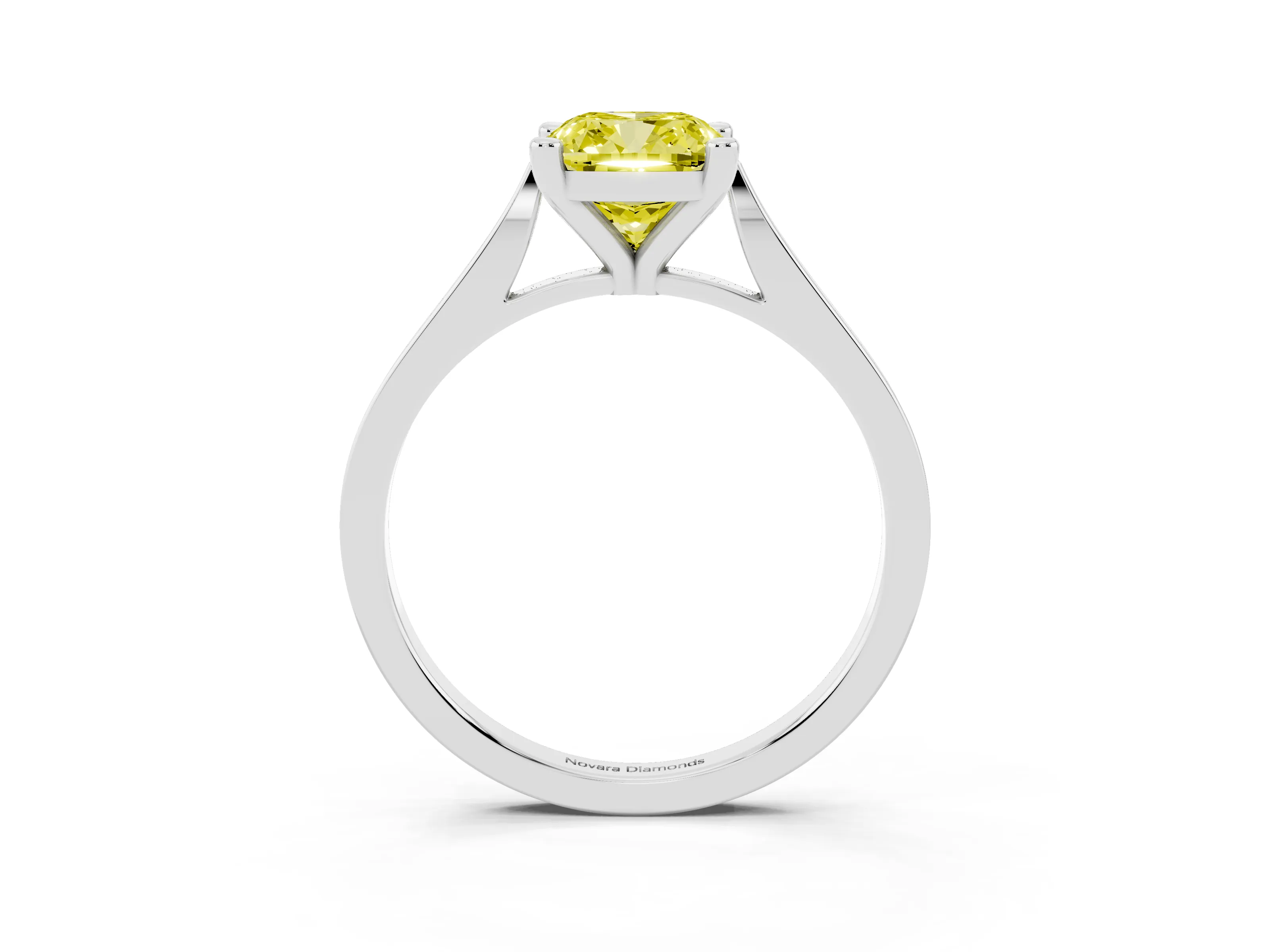 Fancy Yellow Cushion Cut Diamond Solitaire Ring Set in Platinum with Prong Setting and Tapered Band