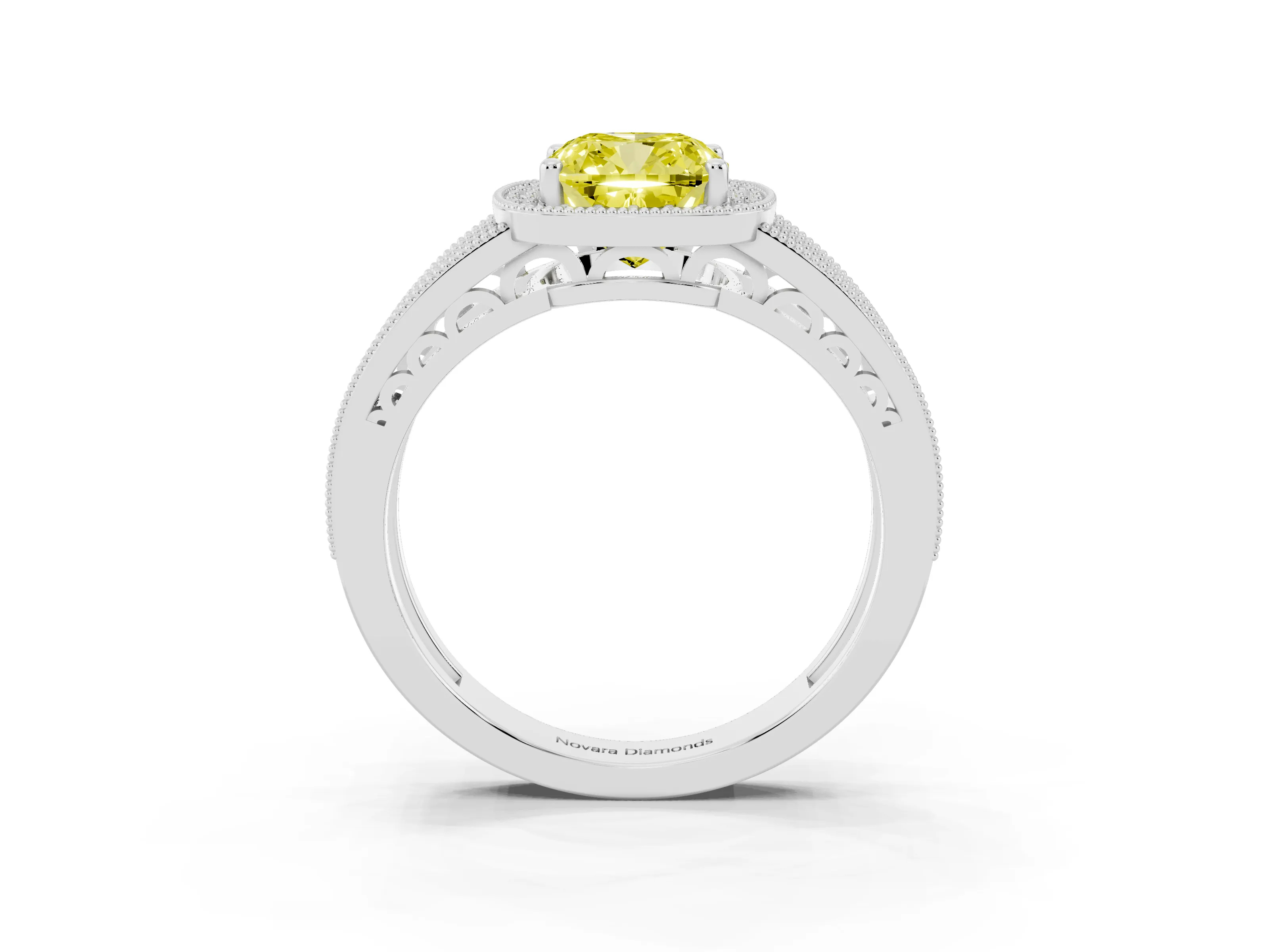 Fancy Yellow Cushion Cut Diamond Halo Ring Set in Silver with Accent Split Shank and Prong Setting
