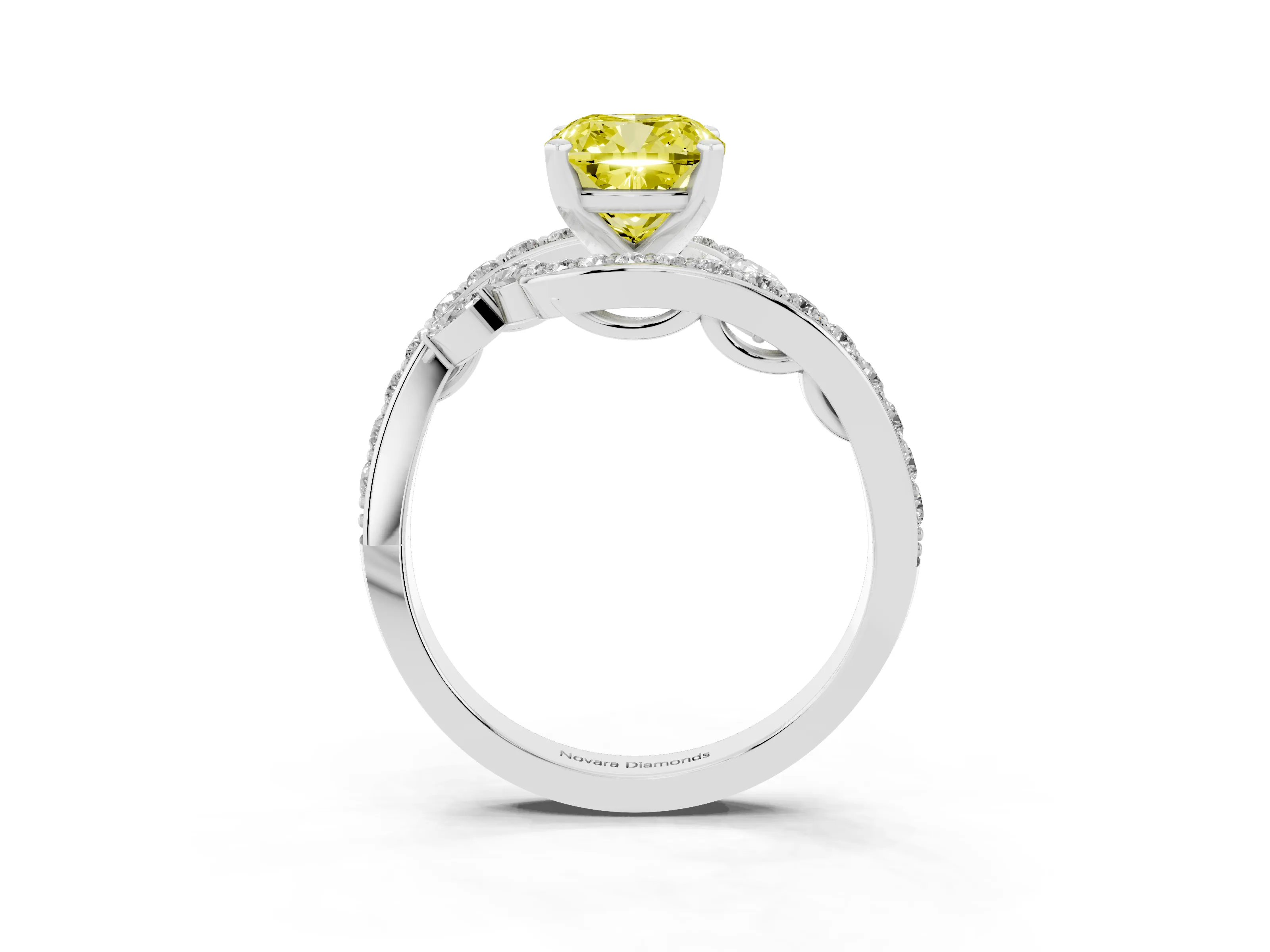 Fancy Yellow Cushion Cut Diamond Solitaire Ring Set in White gold with Pavé Twist Band and Secure Prong Setting