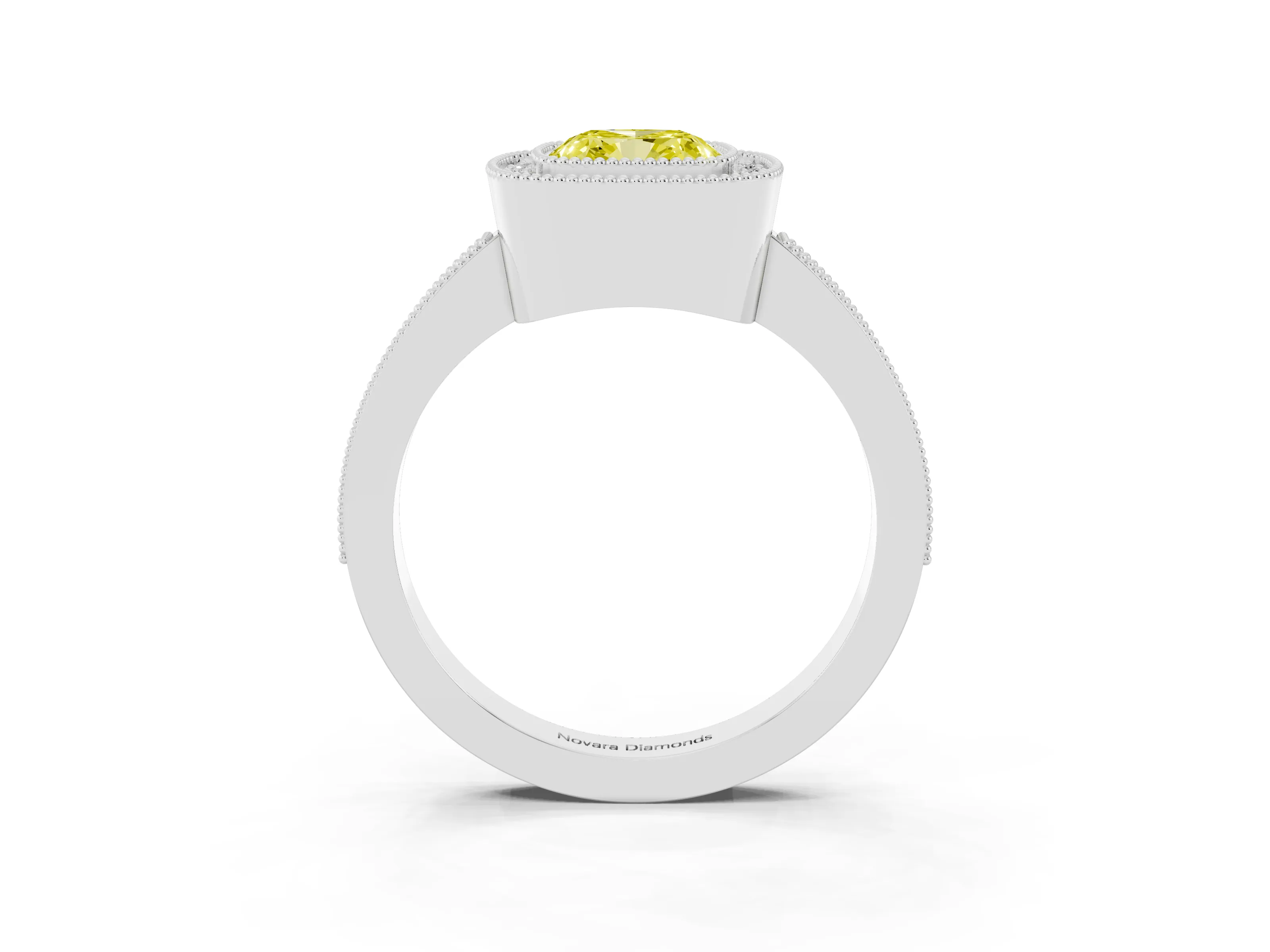 Fancy Yellow Cushion Cut Diamond Halo Engagement Ring Set in White gold with Pavé Band and Round Halo Stones