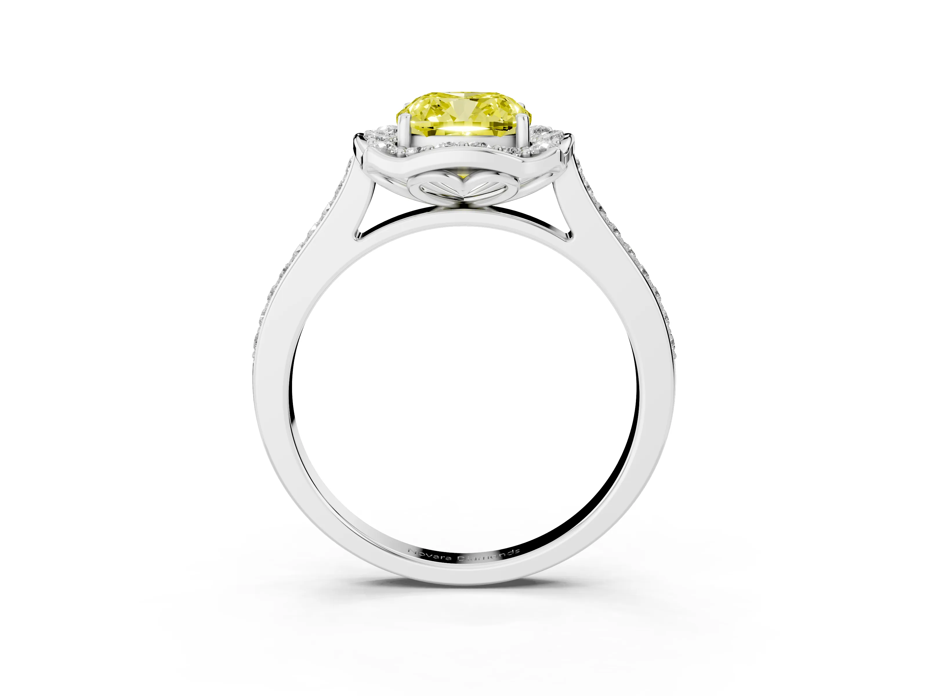 Fancy Yellow Cushion Cut Diamond Halo Ring Set in Platinum with Pavé-Lined Shoulders and Prong Setting