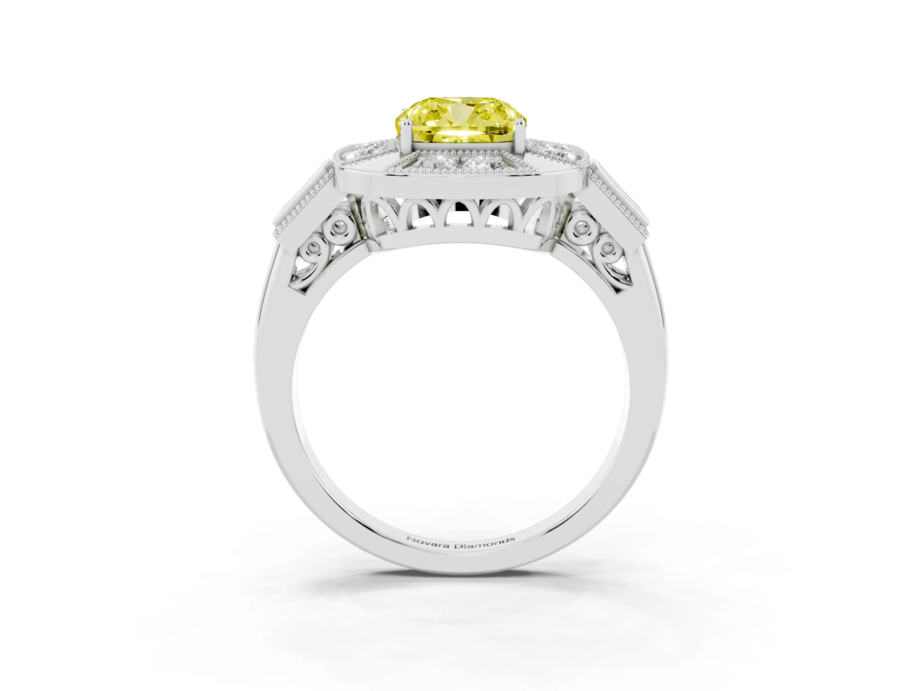 Fancy Yellow Cushion Cut Diamond Milgrain Halo Ring Set in White gold with Split Shank