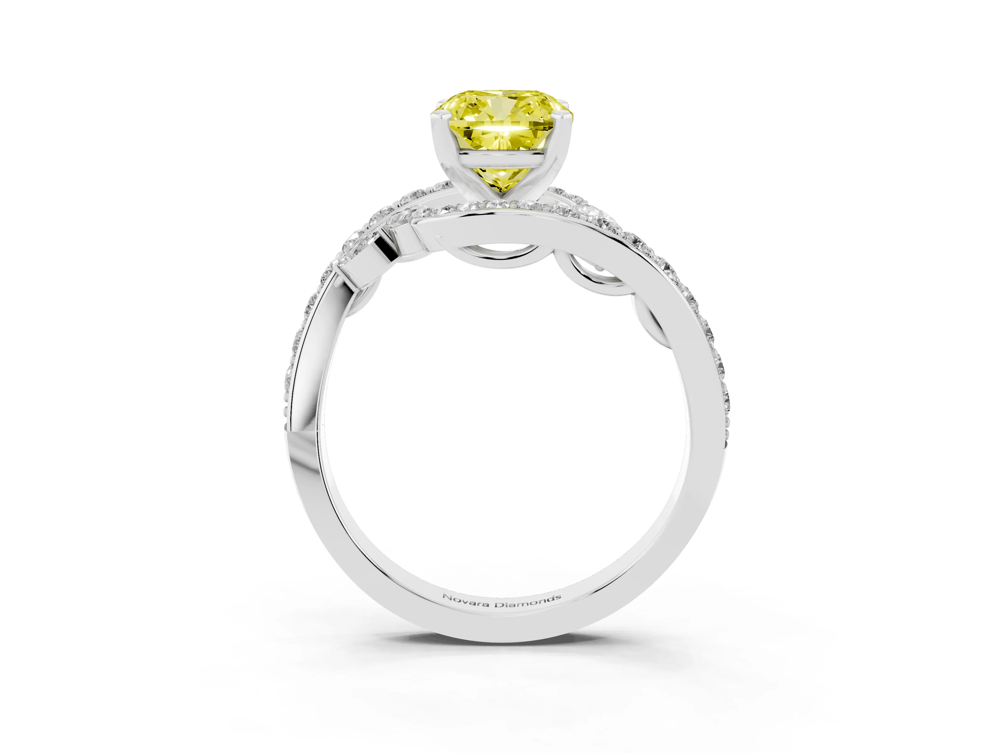 Fancy Yellow Cushion Cut Diamond Solitaire Ring Set in Platinum with Filigree Band and Prong Setting