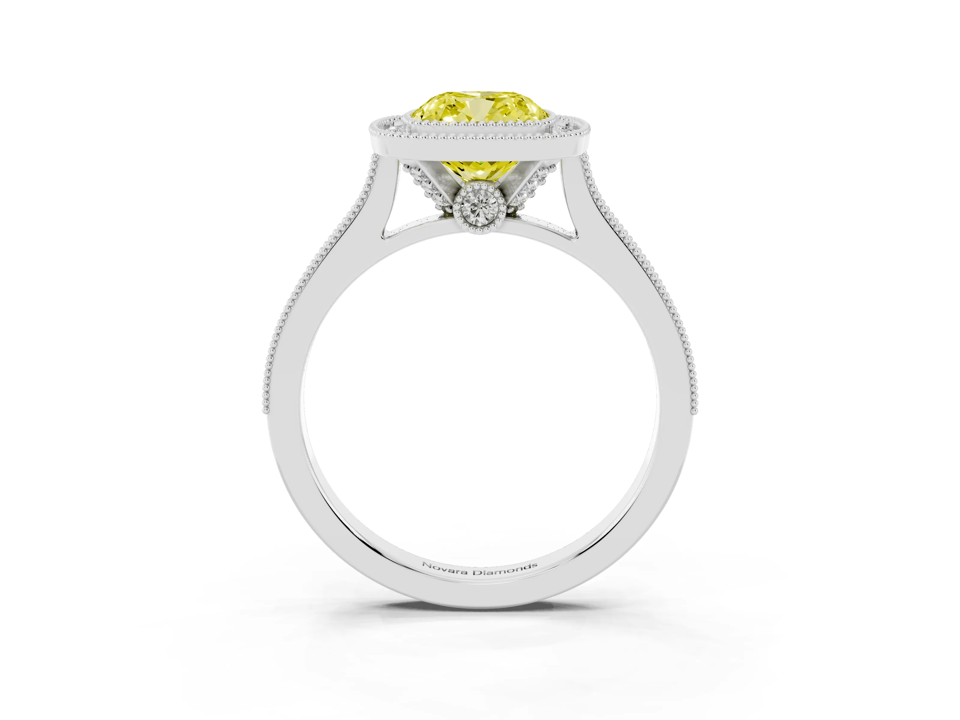 Fancy Yellow Cushion Cut Diamond Halo Milgrain Pavé Band Ring Set in Platinum with Prong Setting
