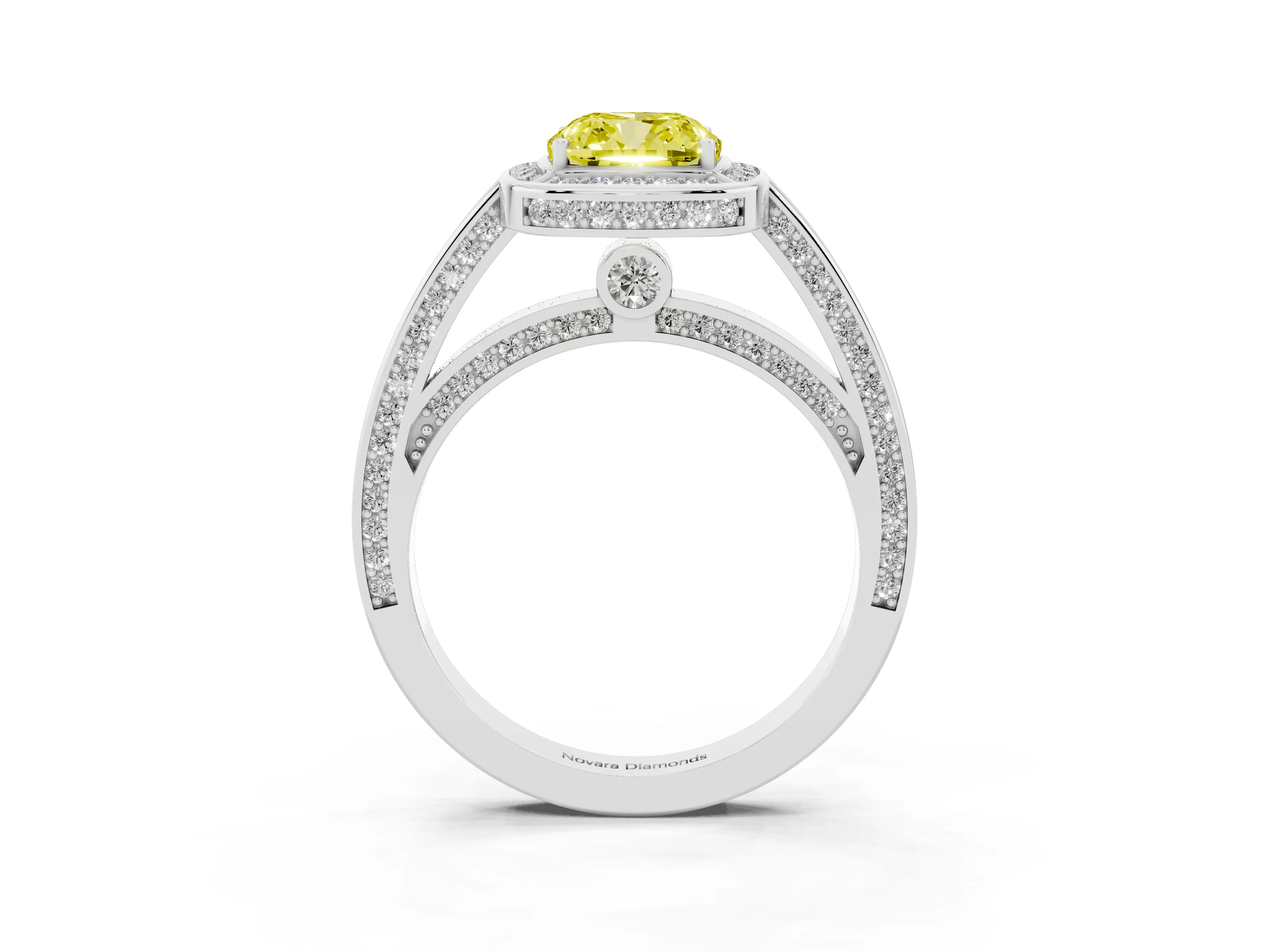 Fancy Yellow Cushion Cut Diamond Halo Pavé Split Shank Ring Set in Silver with Prong Setting