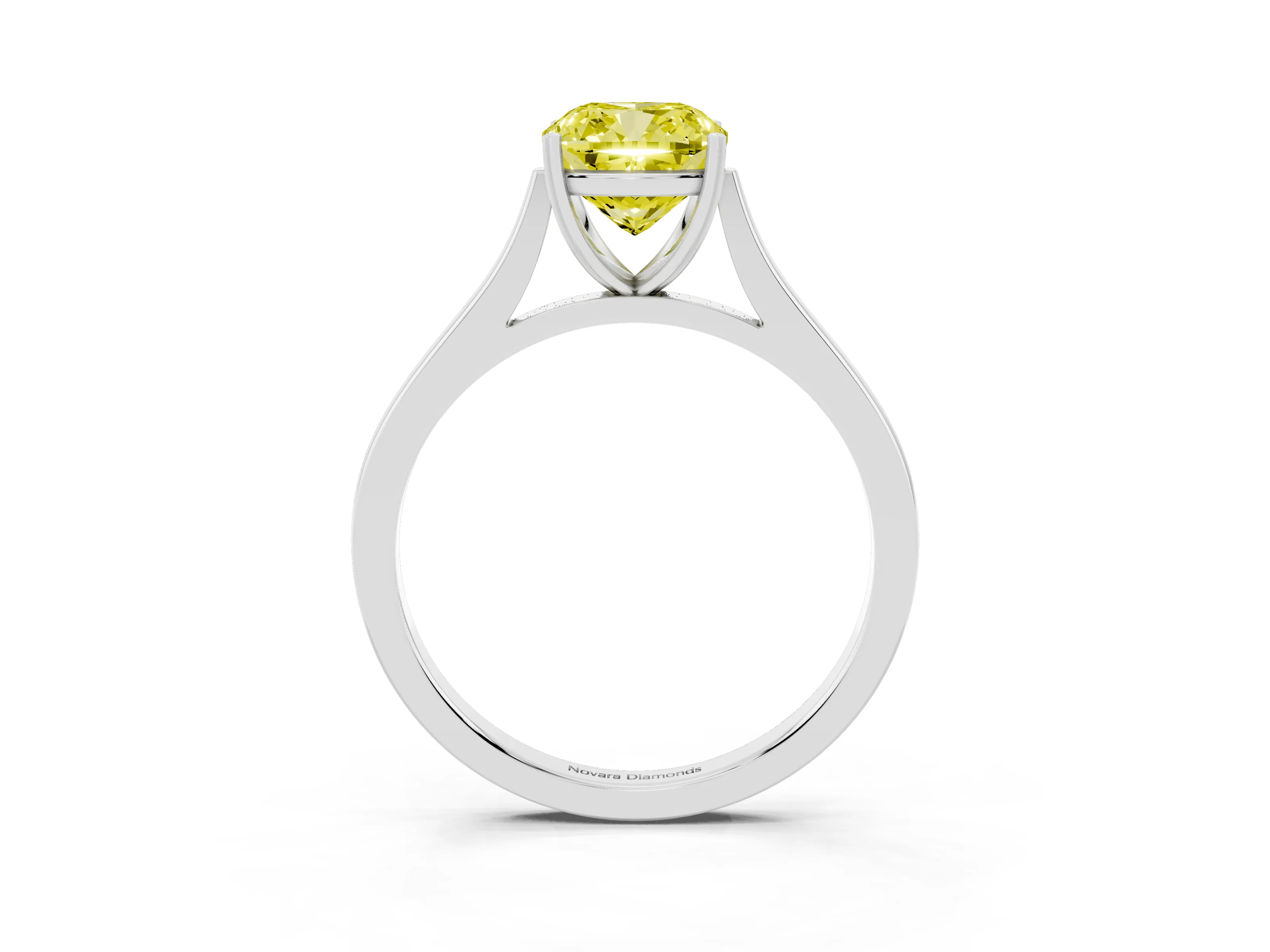Fancy Yellow Cushion Cut Diamond Solitaire Heart Prong Engagement Ring Set in White gold with Tapered Band