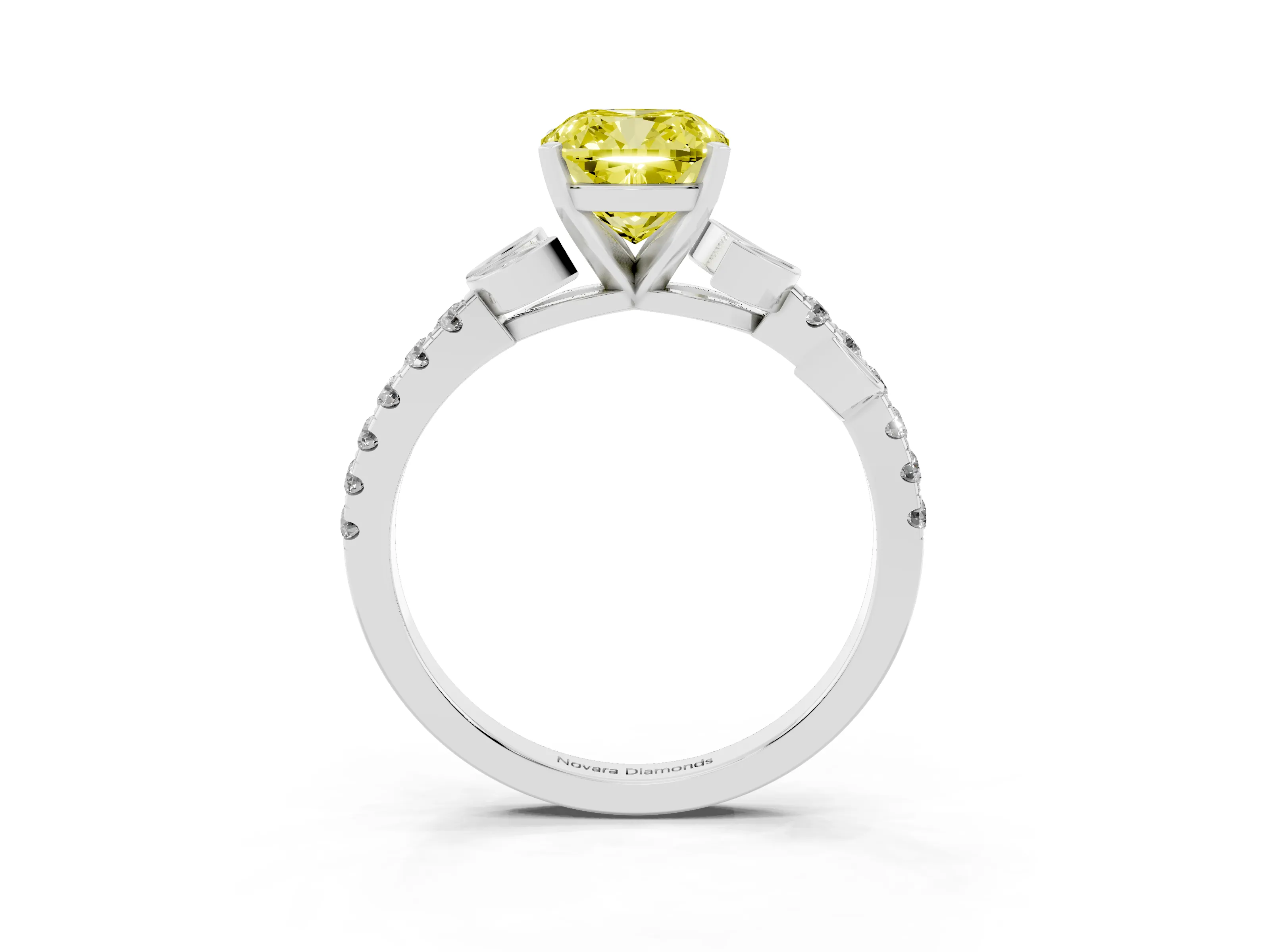 Fancy Yellow Cushion Cut Diamond Solitaire Leaf-Inspired Ring Set in Platinum with Pavé Band and Prong Setting