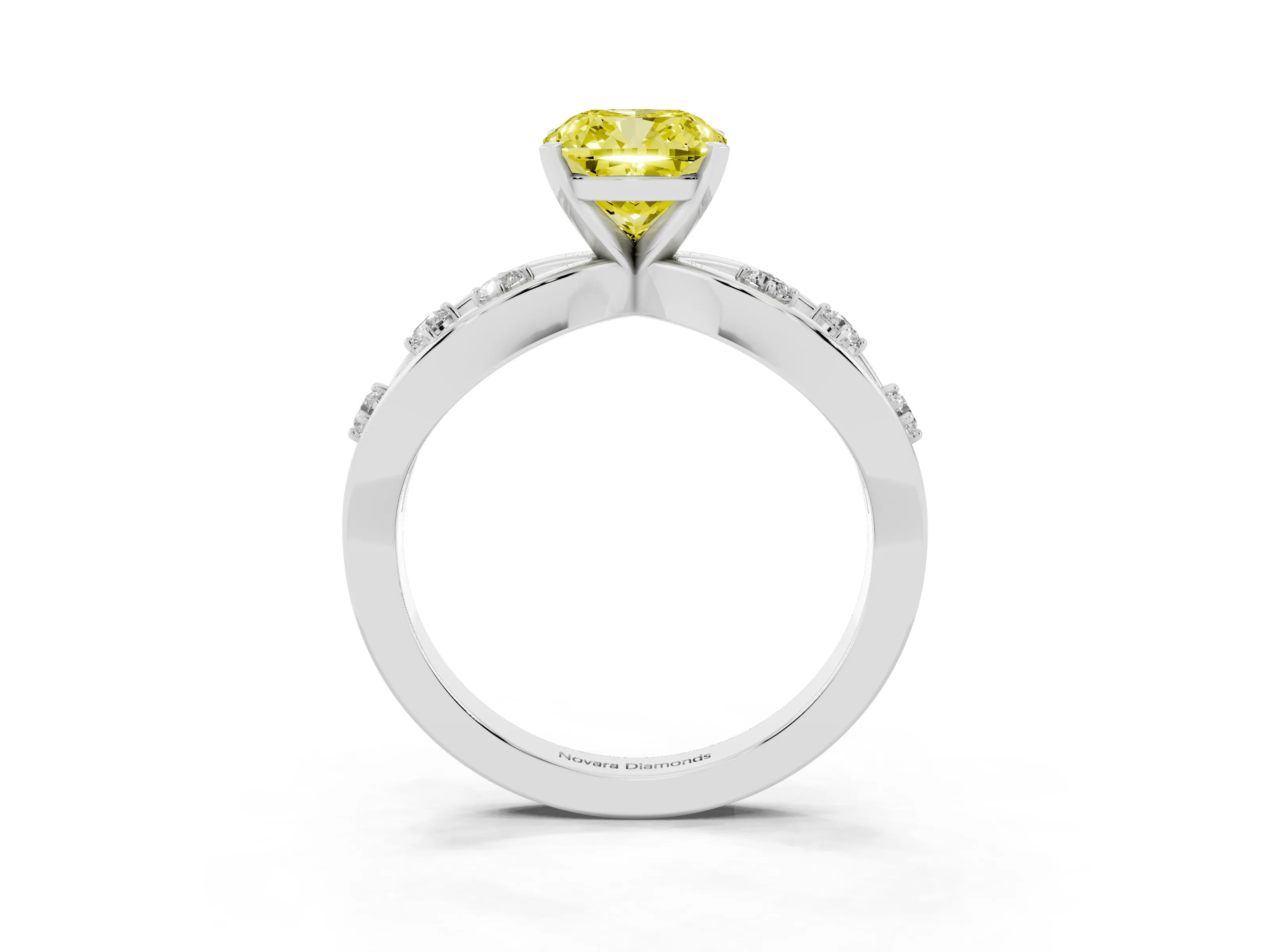 Fancy Yellow Cushion Cut Diamond Solitaire Ring Set in Platinum with Side Stones on Criss-Cross Band and Prong Setting