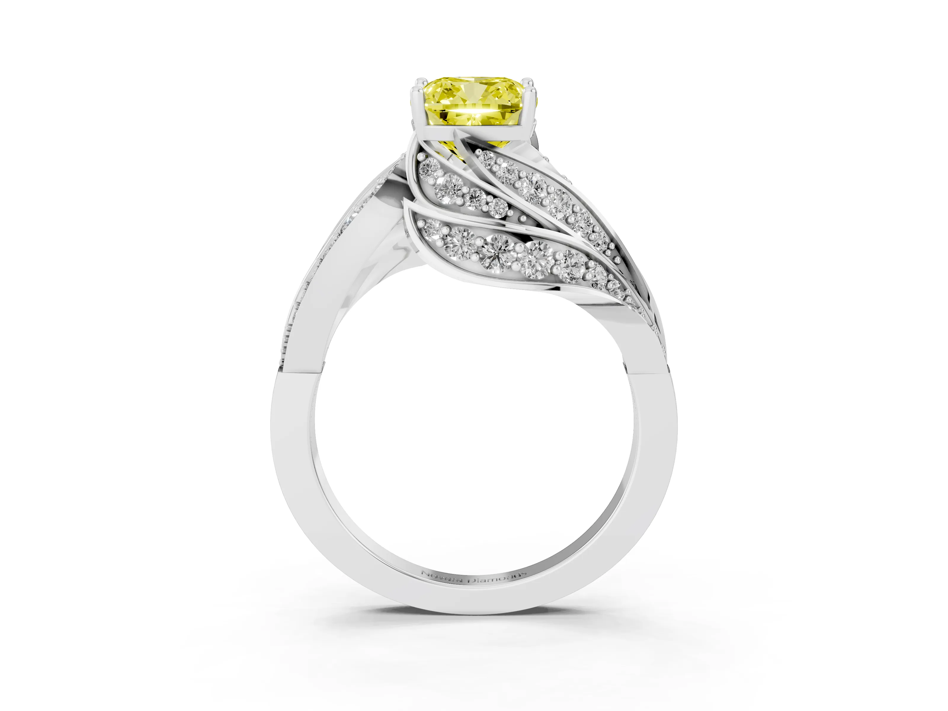 Fancy Yellow Cushion Cut Diamond Solitaire Ring Set in Silver with Layered Twist Pavé Band