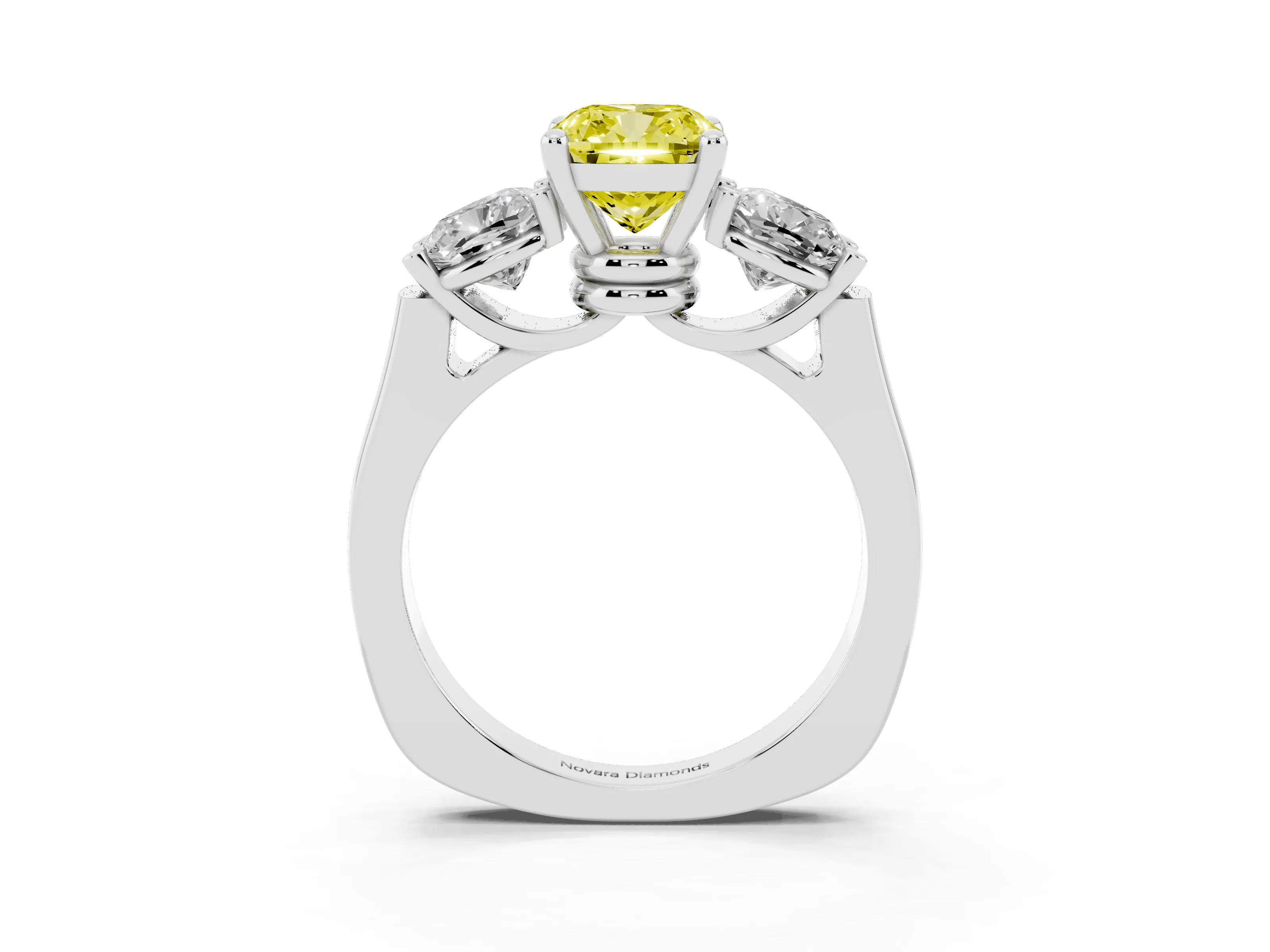 Fancy Yellow Cushion Cut Diamond Three-Stone Trellis Ring Set in Platinum with Comfort Fit Band