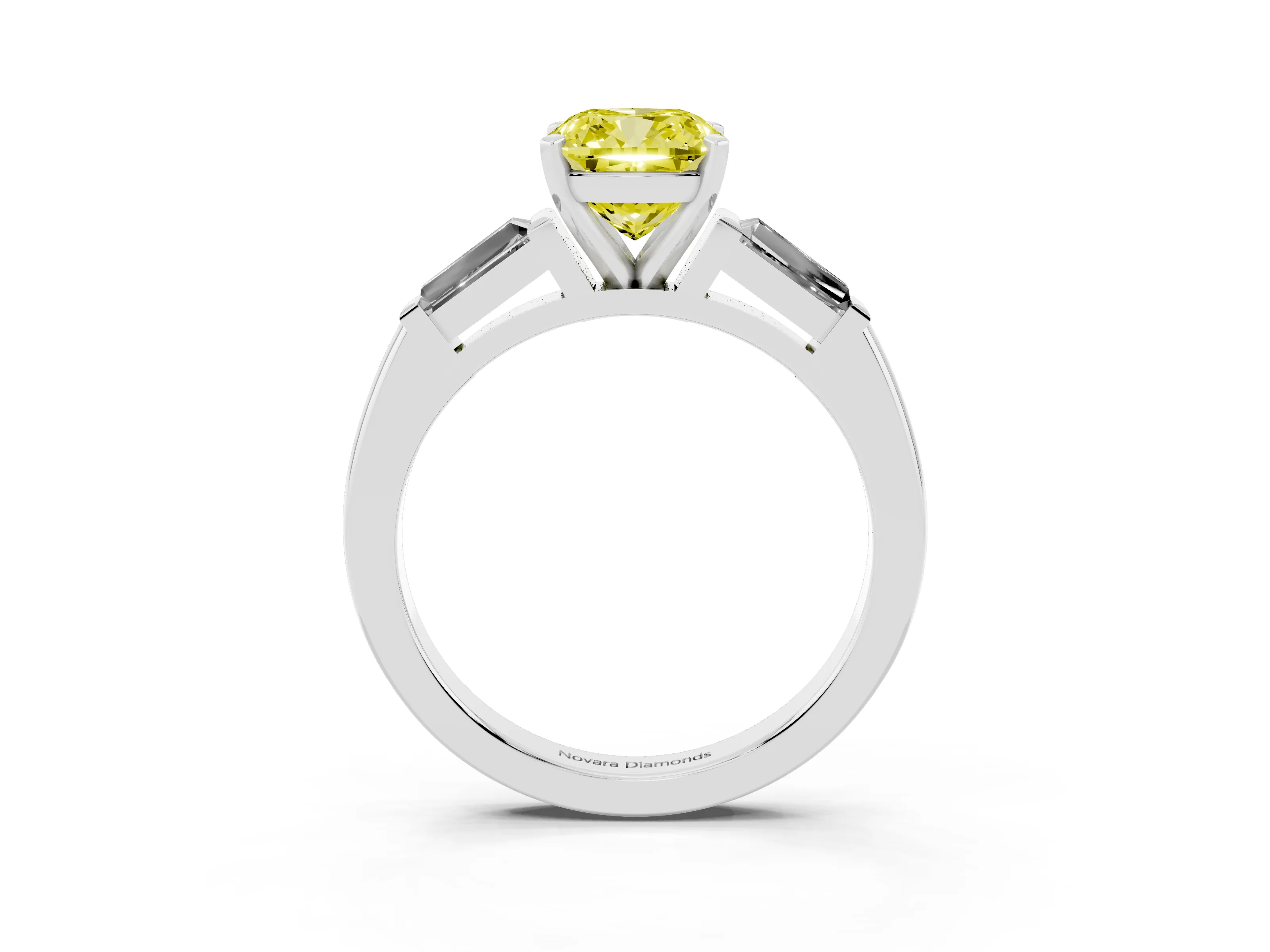 Fancy Yellow Cushion Cut Diamond Solitaire Ring Set in White gold with Tapered Baguette Side Stones and Prong Setting