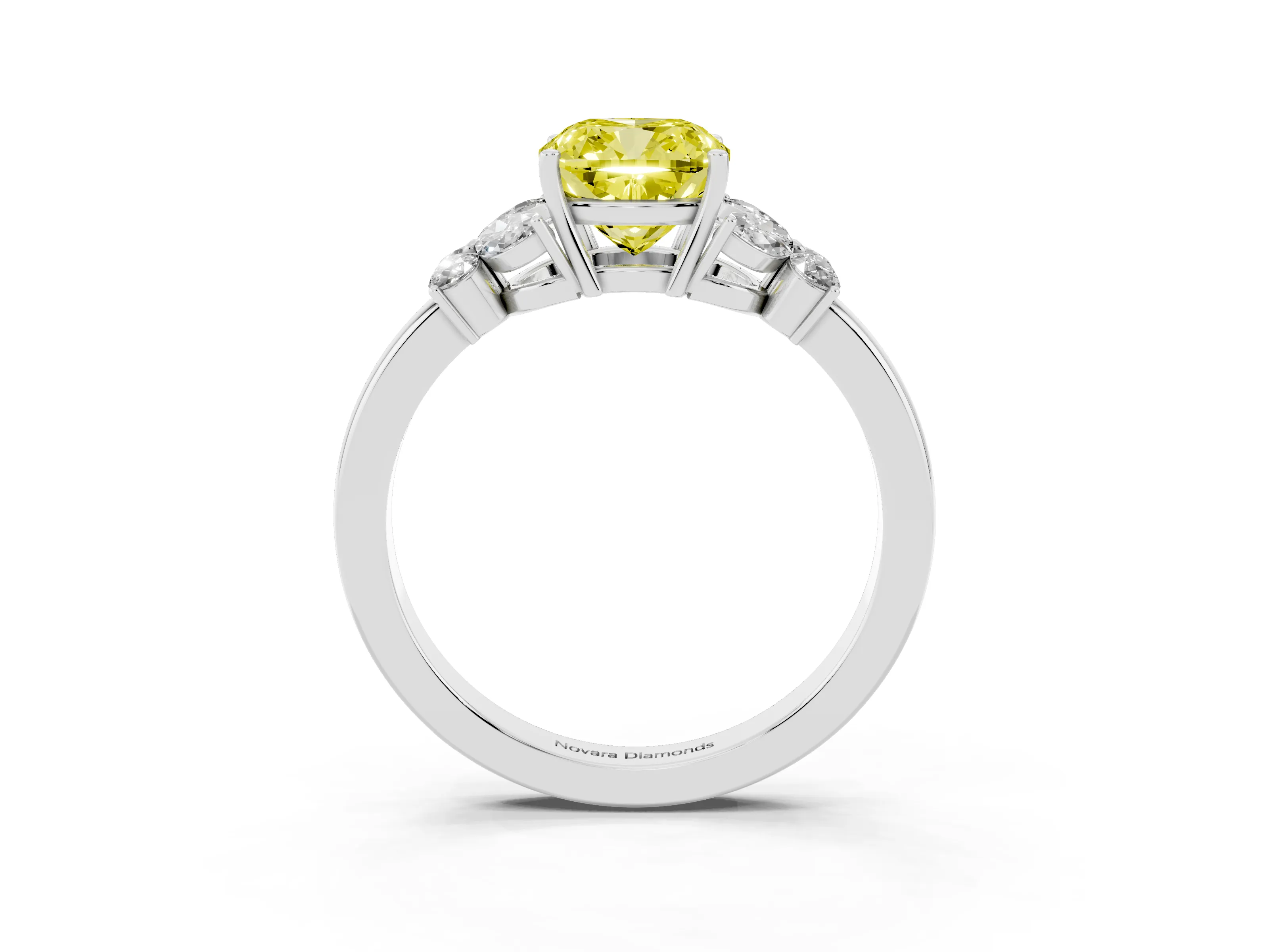 Fancy Yellow Cushion Cut Diamond Solitaire Floral Ring Set in Platinum with Marquise Petals and Prong Setting