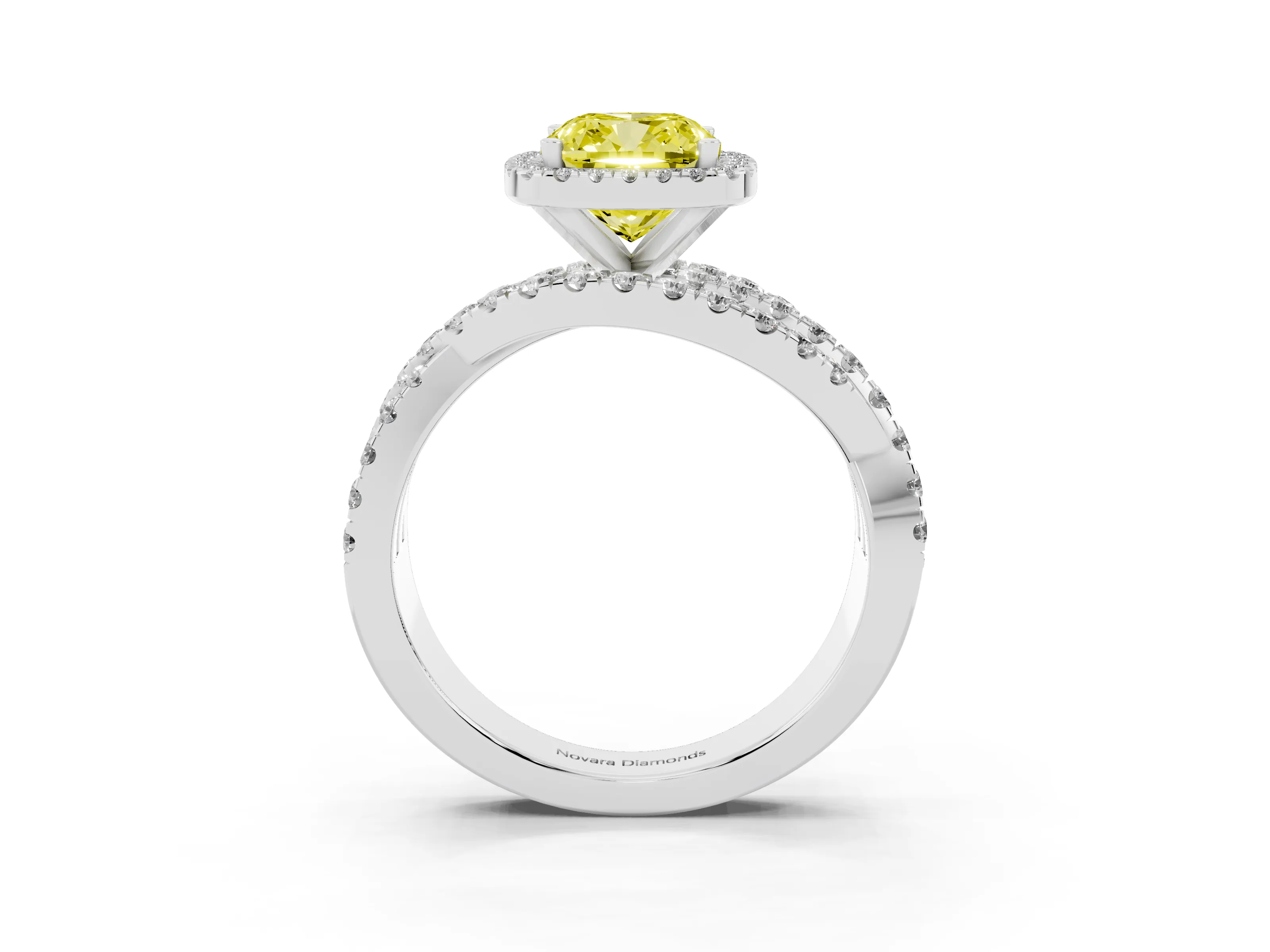 Fancy Yellow Cushion Cut Diamond Halo Ring Set in Platinum with Round Crossover Split Shank and Prong Setting