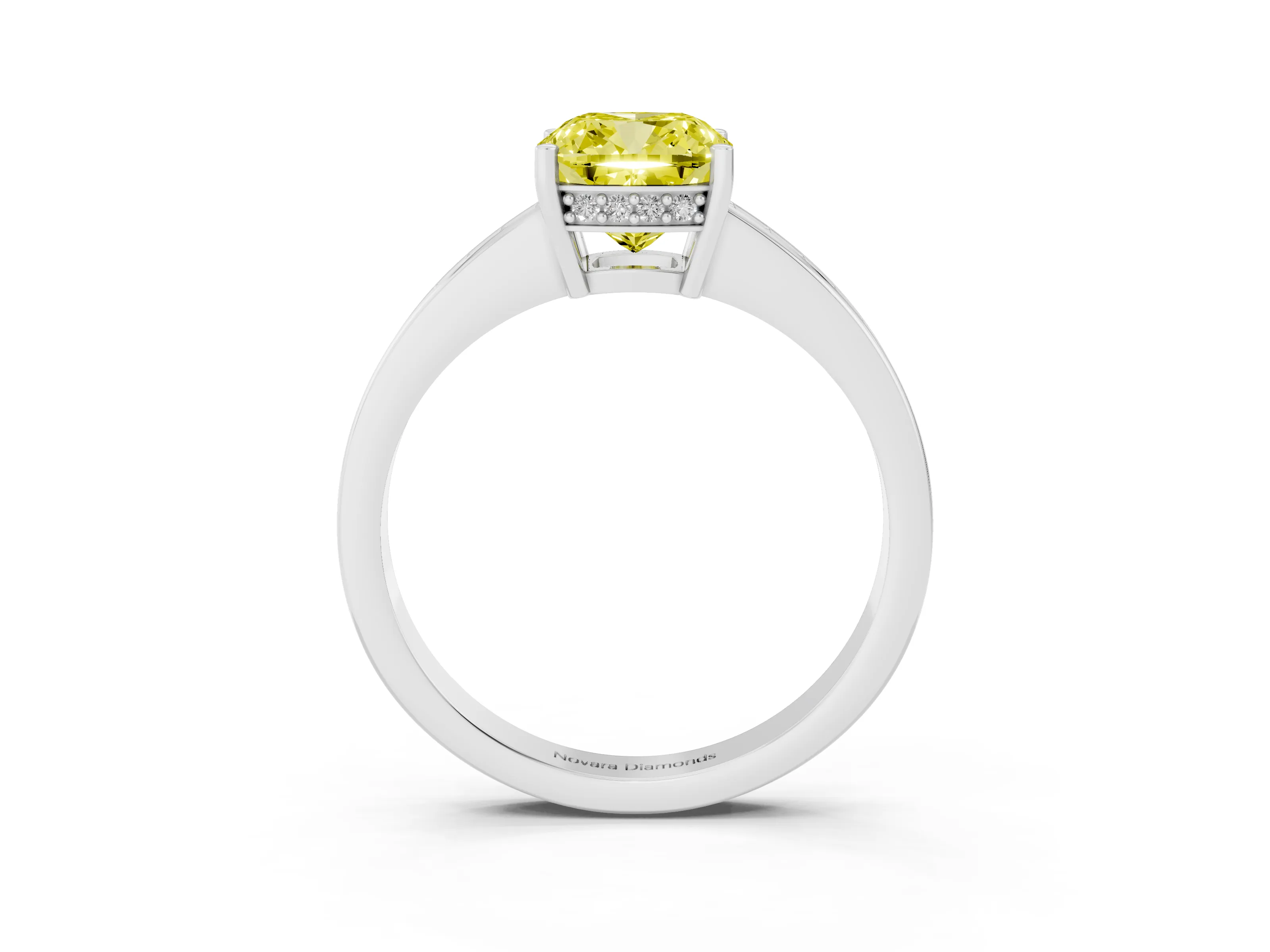 Fancy Yellow Cushion Cut Diamond Pavé Band Prong Set Solitaire Ring Set in Silver
