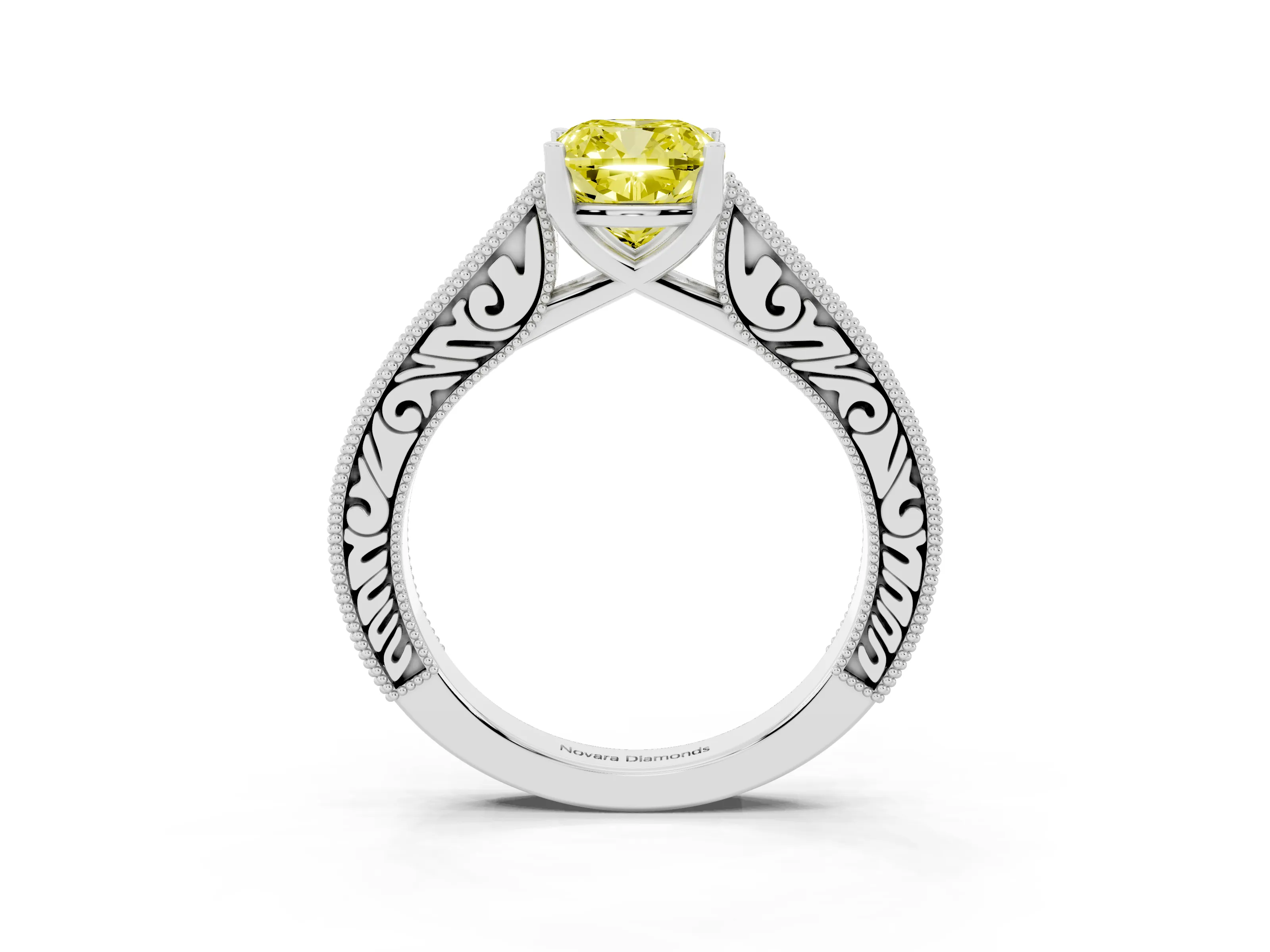 Fancy Yellow Cushion Cut Diamond Milgrain Pavé Band Solitaire Ring Set in White gold with Prong Setting