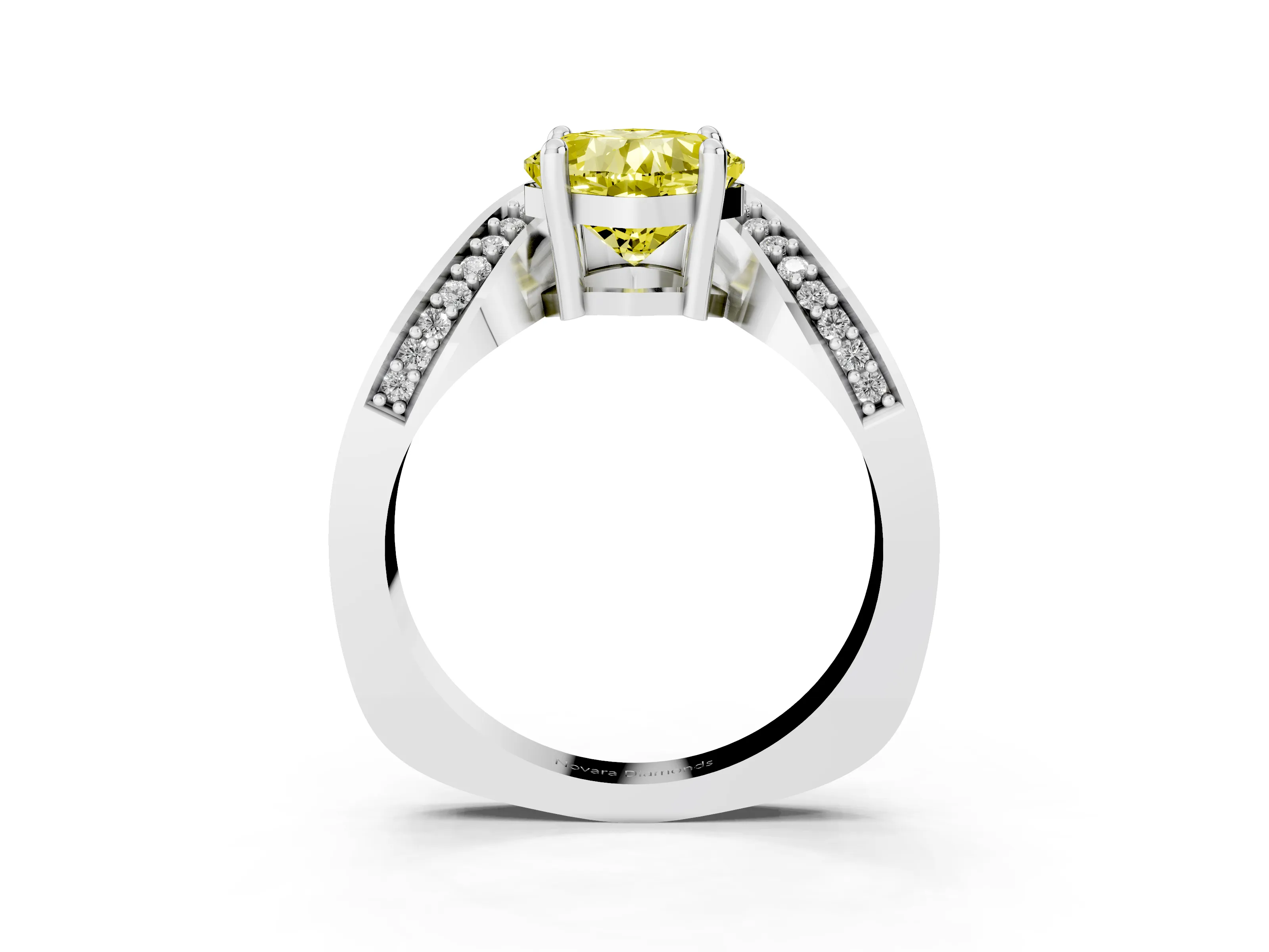 Fancy Yellow Cushion Cut Diamond Solitaire Engagement Ring Set in Silver with Pavé Shoulders