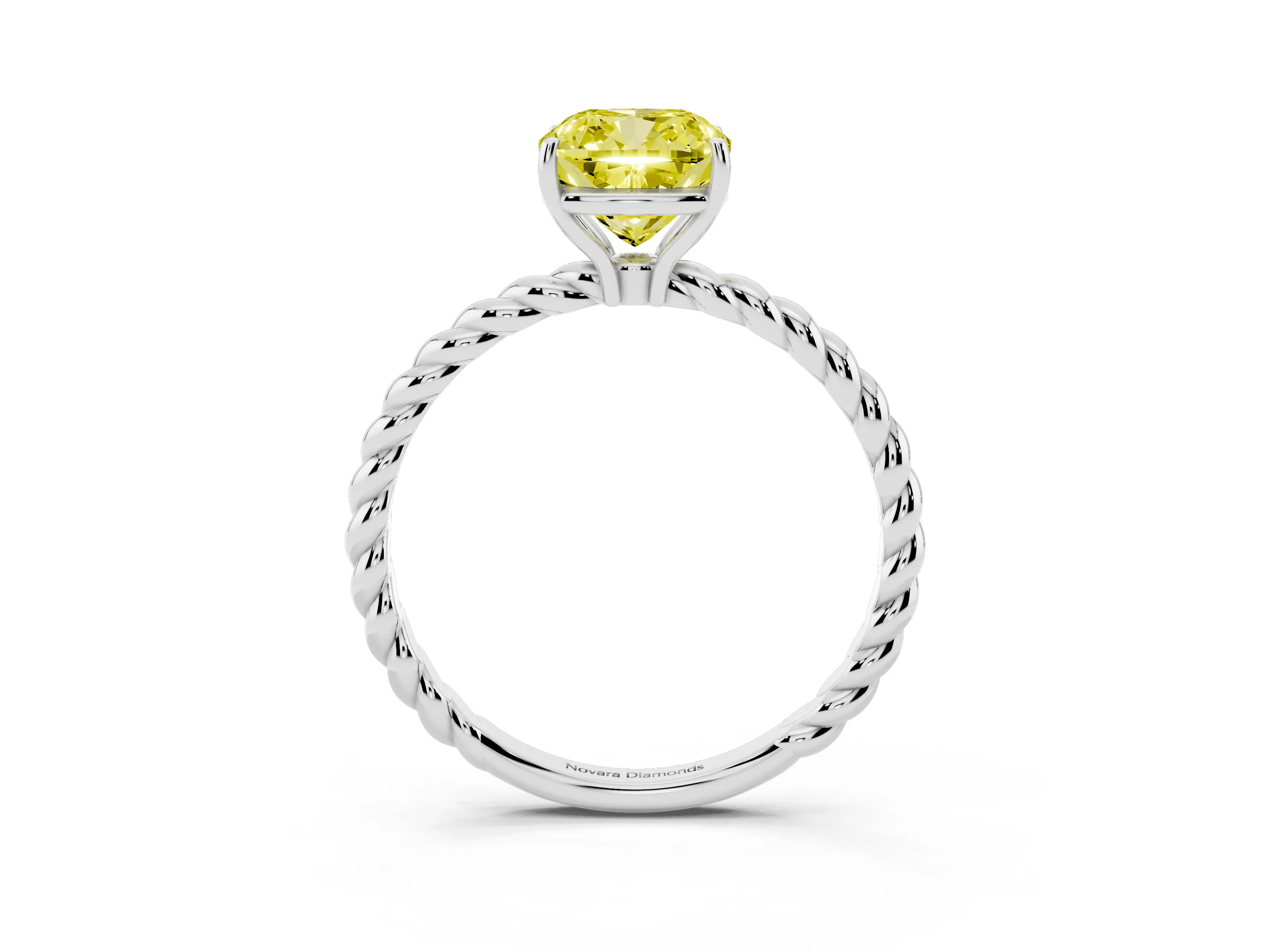 Fancy Yellow Cushion Cut Diamond Solitaire Ring Set in Platinum with Twist Band and Prong Setting