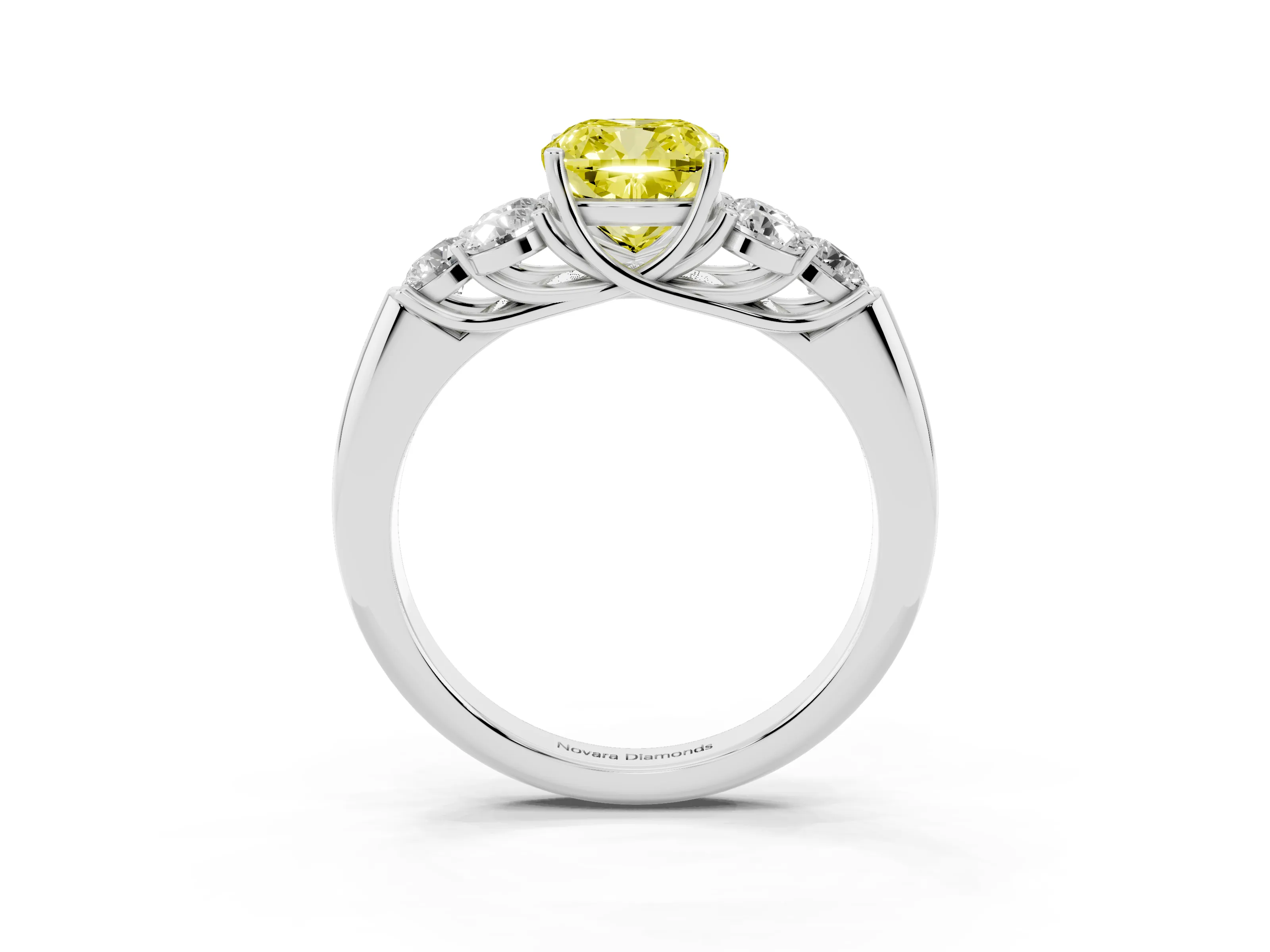Fancy Yellow Cushion Cut Diamond Cluster Ring Set in White gold with Round Accent Stones and Prong Setting on a Plain Band