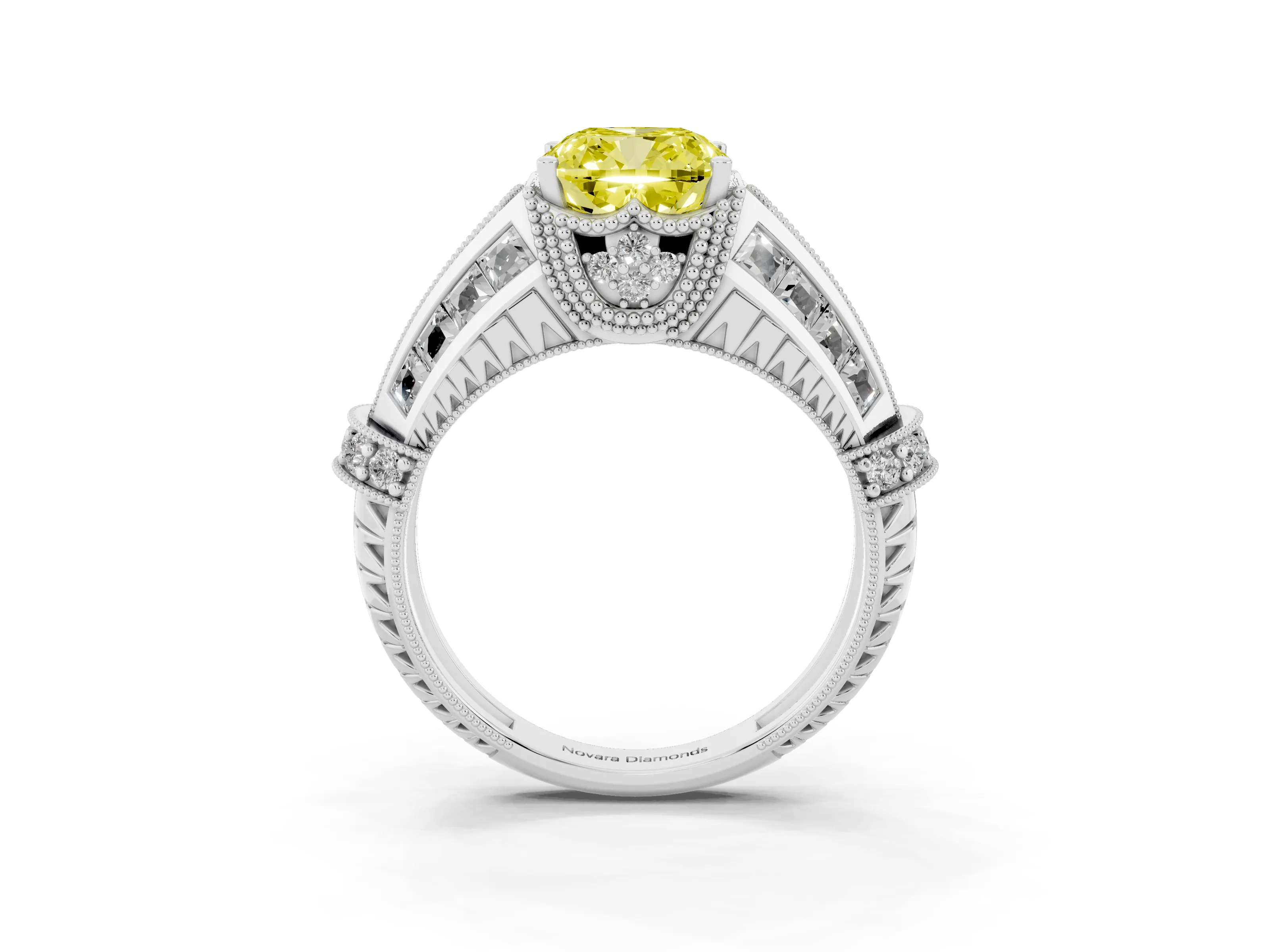 Fancy Yellow Cushion Cut Diamond Vintage-Inspired Milgrain Ring Set in Silver with Accent Split Shank