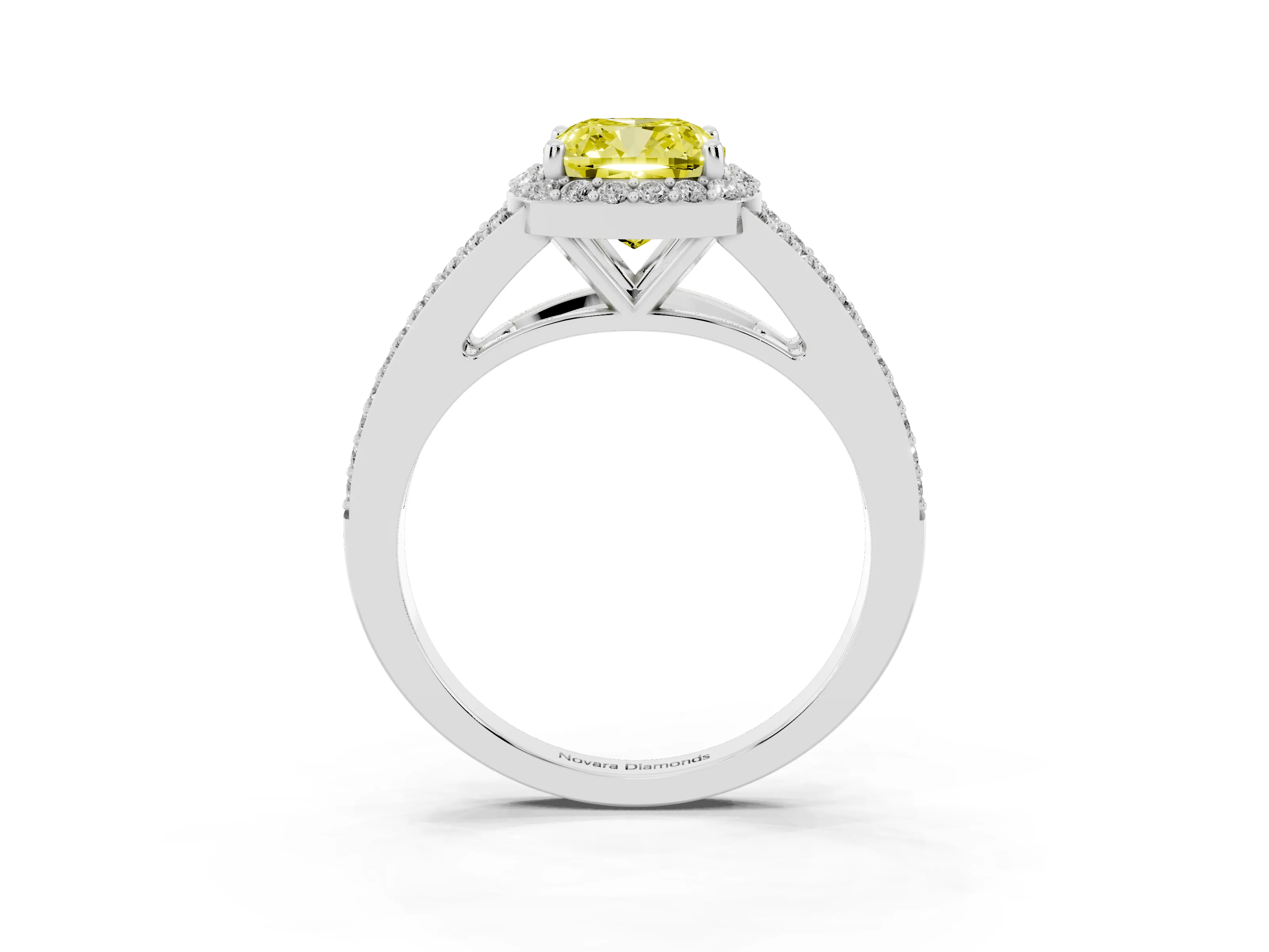 Fancy Yellow Cushion Cut Diamond Halo Split Shank Ring Set in Silver with Accent Stones and Prong Setting