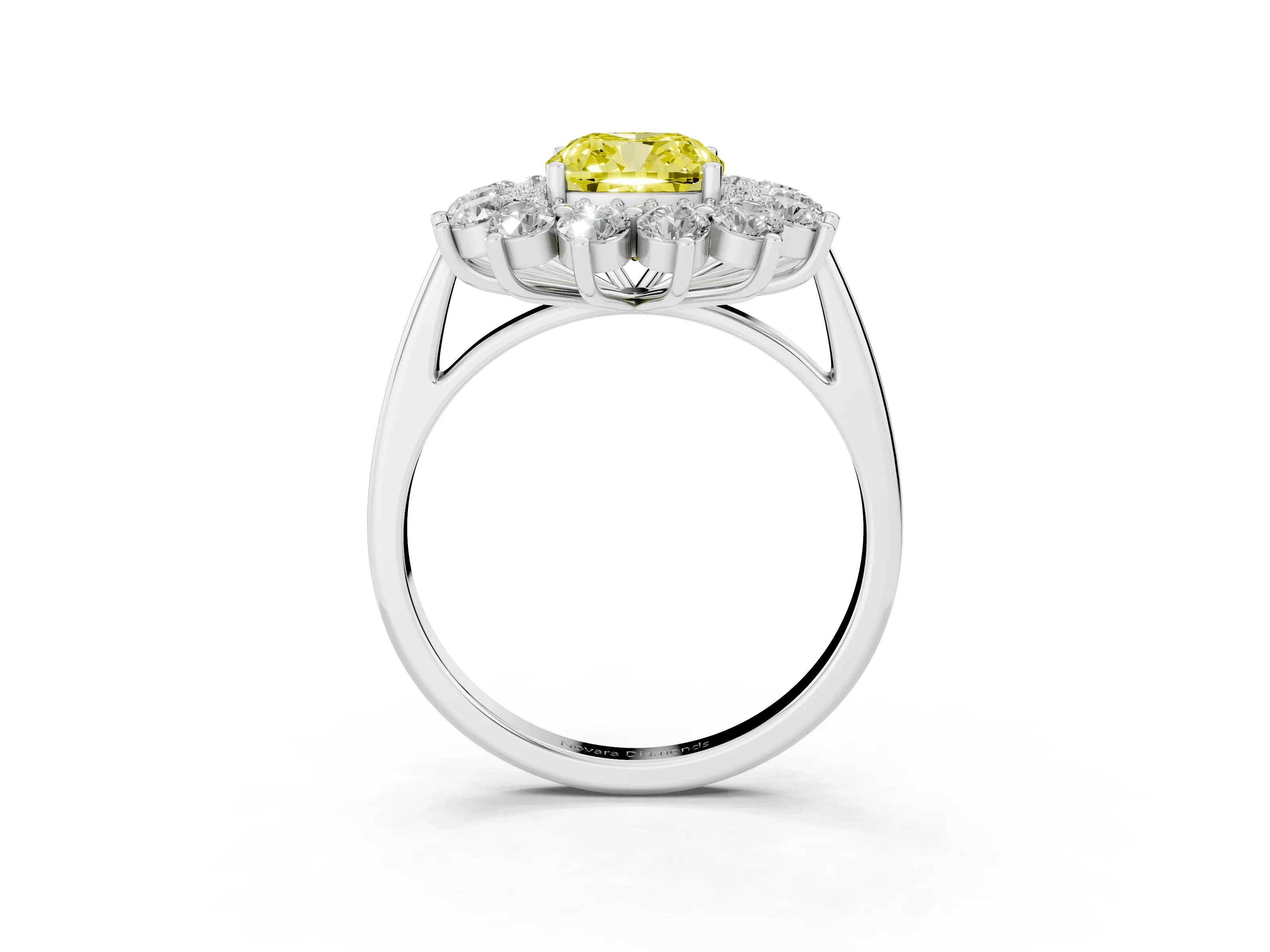 Fancy Yellow Cushion Cut Diamond Floral Double Halo Ring Set in Silver with Round Petals