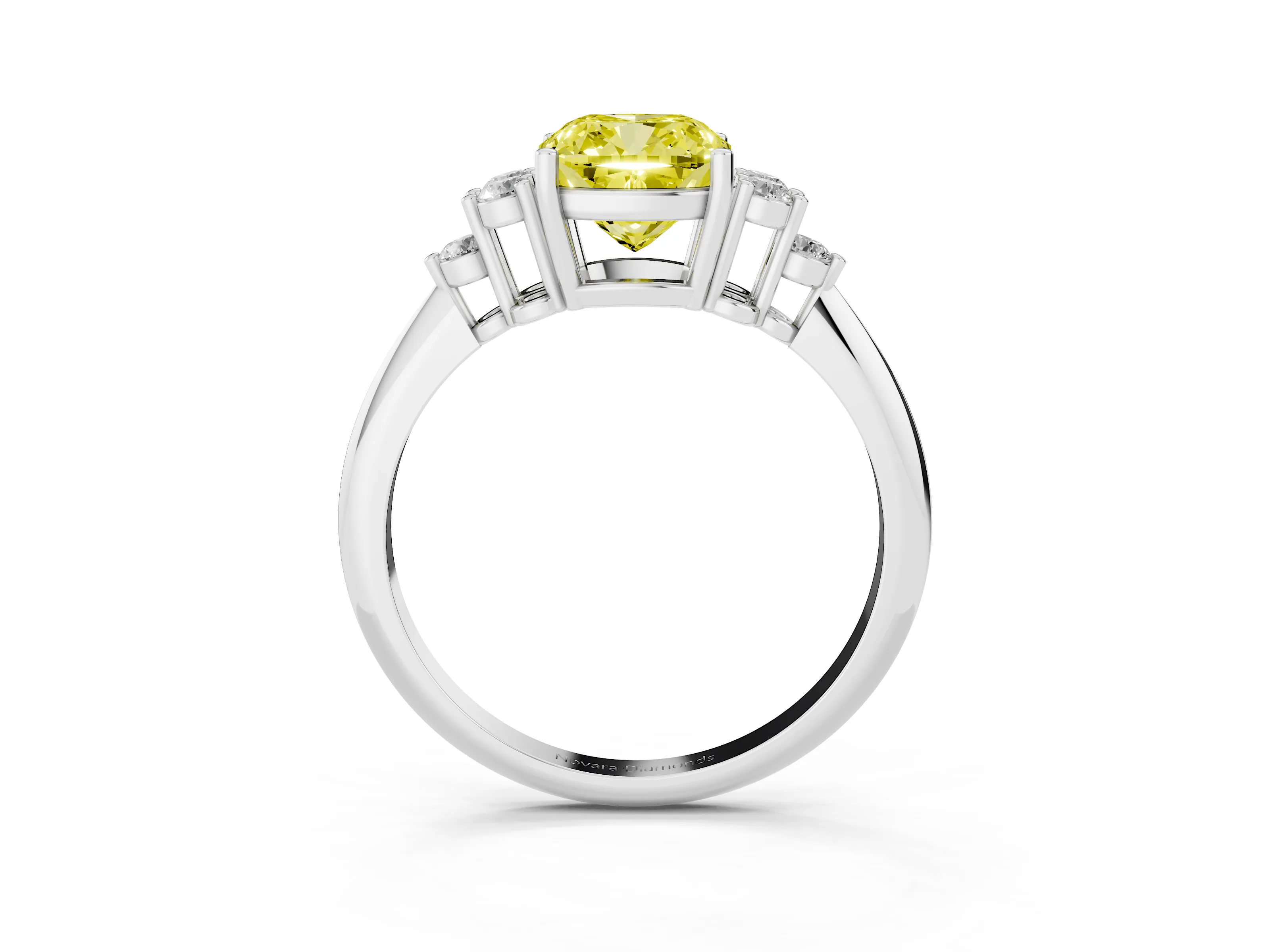 Fancy Yellow Cushion Cut Diamond Cluster Ring Set in White gold with Plain Band and Prong Setting