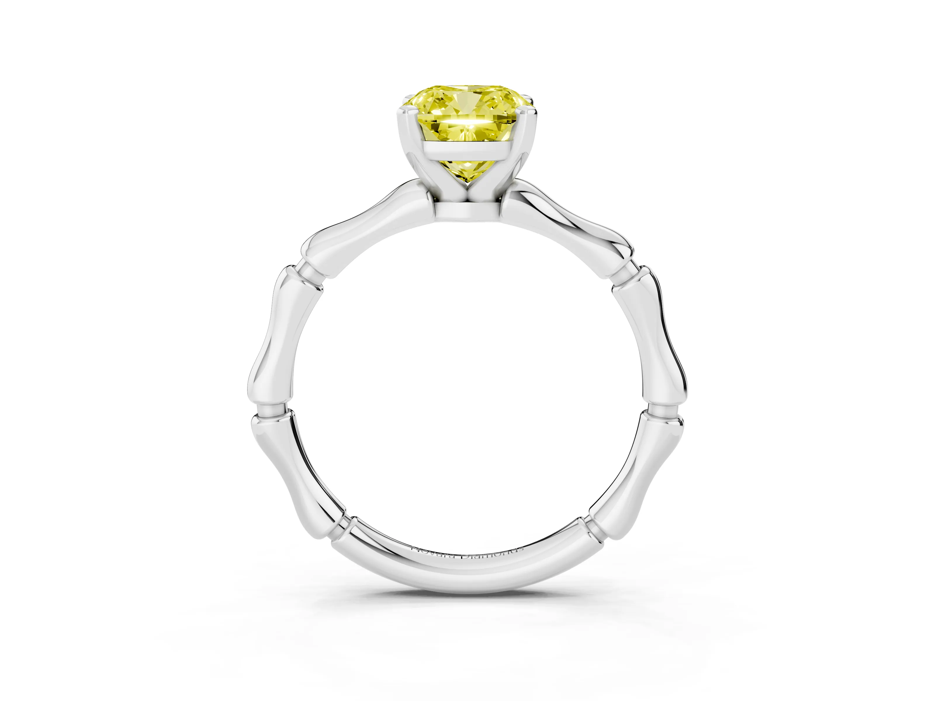Fancy Yellow Cushion Cut Diamond Solitaire Ring Set in Silver with Bamboo Band and Prong Setting