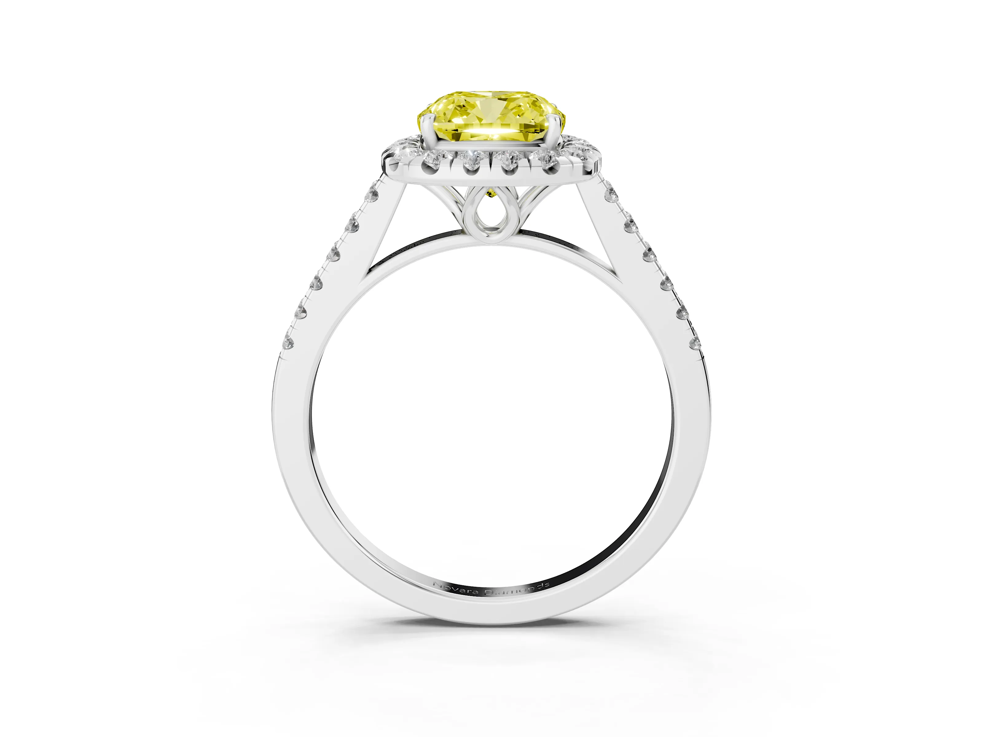 Fancy Yellow Cushion Cut Diamond Pavé Halo Engagement Ring Set in Platinum with Pavé Band and Prong Setting