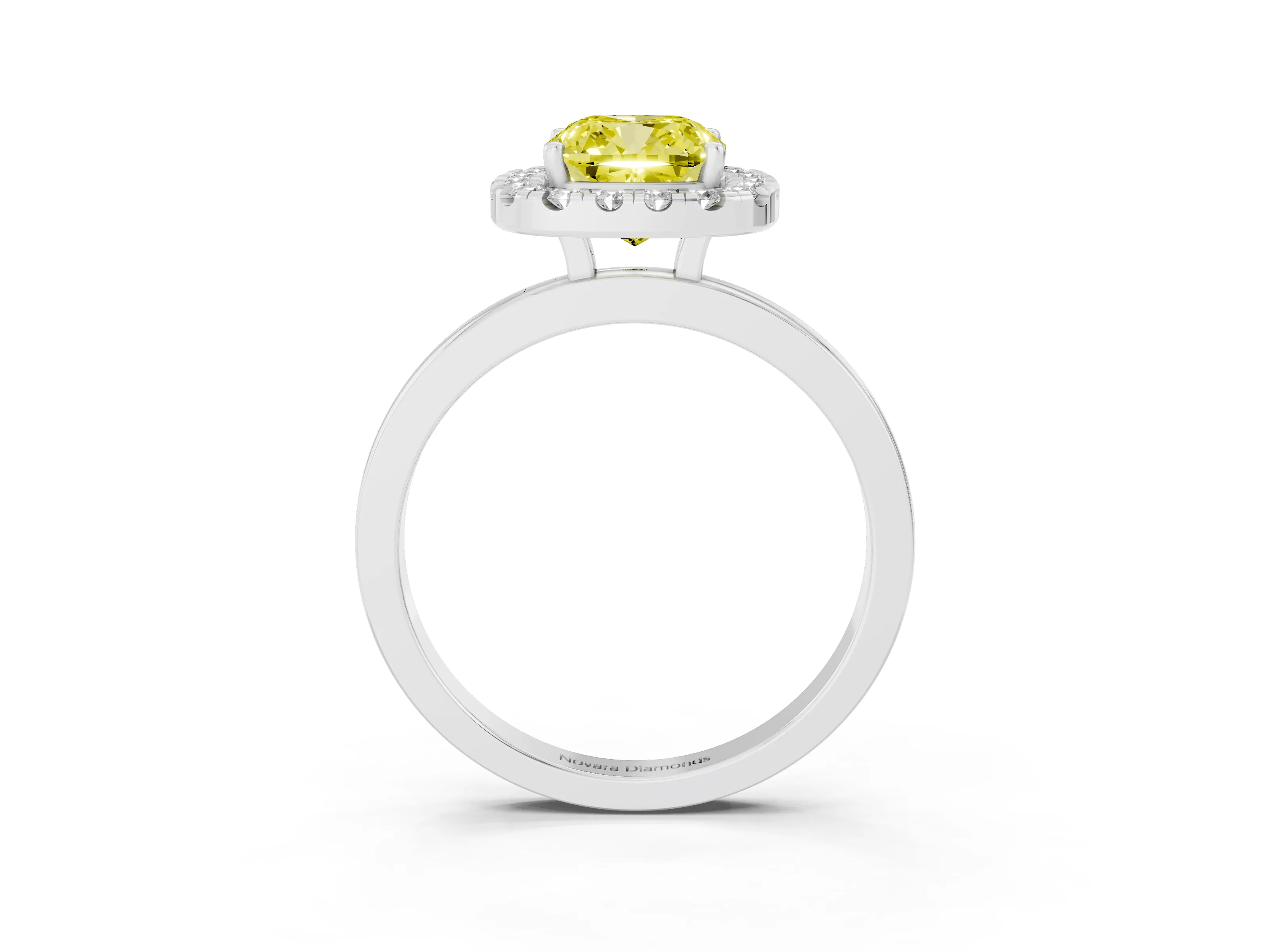 Fancy Yellow Cushion Cut Diamond Halo Solitaire Ring Set in White gold with Pavé Band and Prong Setting