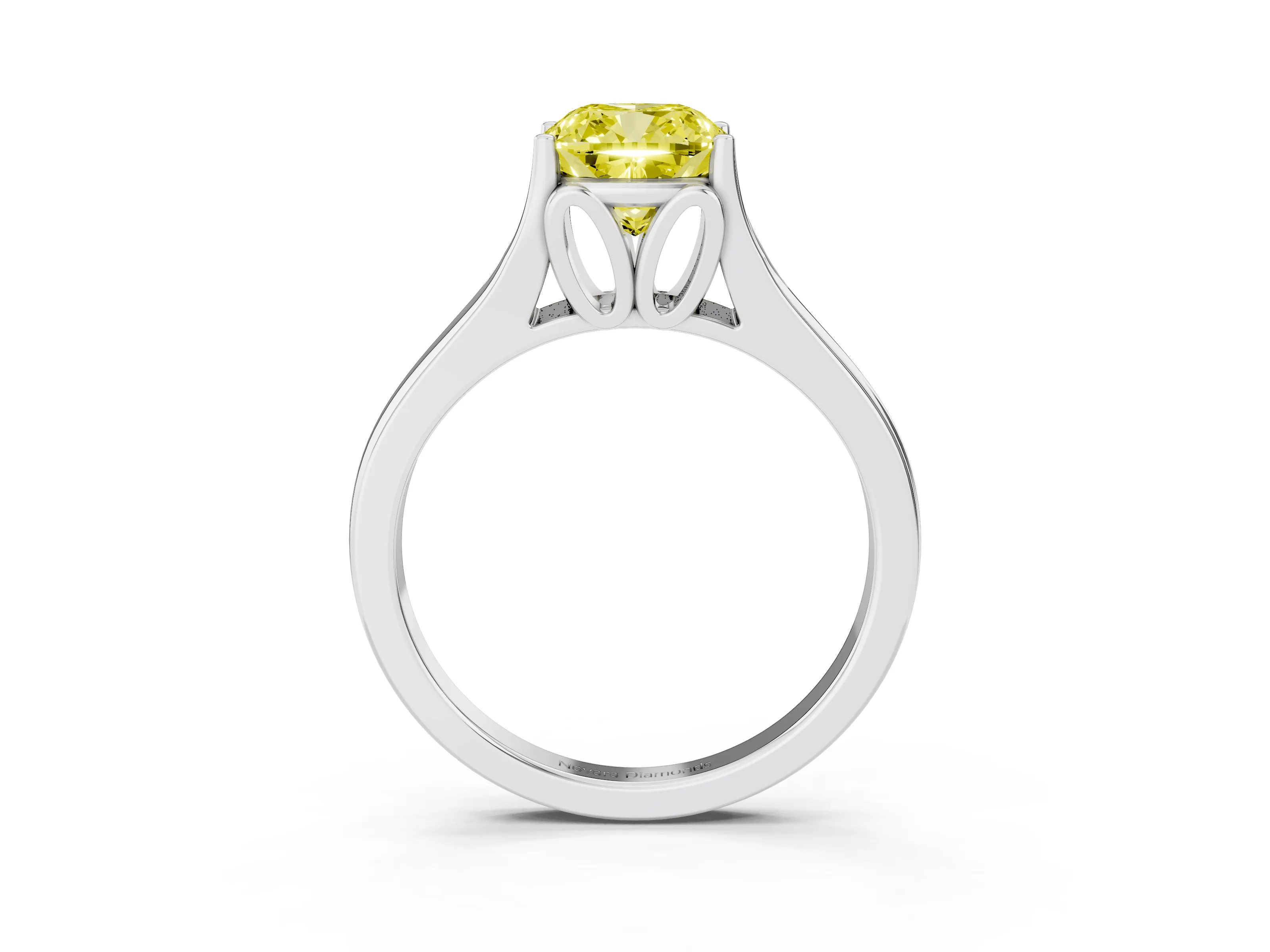 Fancy Yellow Cushion Cut Diamond Solitaire Ring Set in White gold with Arched Cathedral Band and Prong Setting