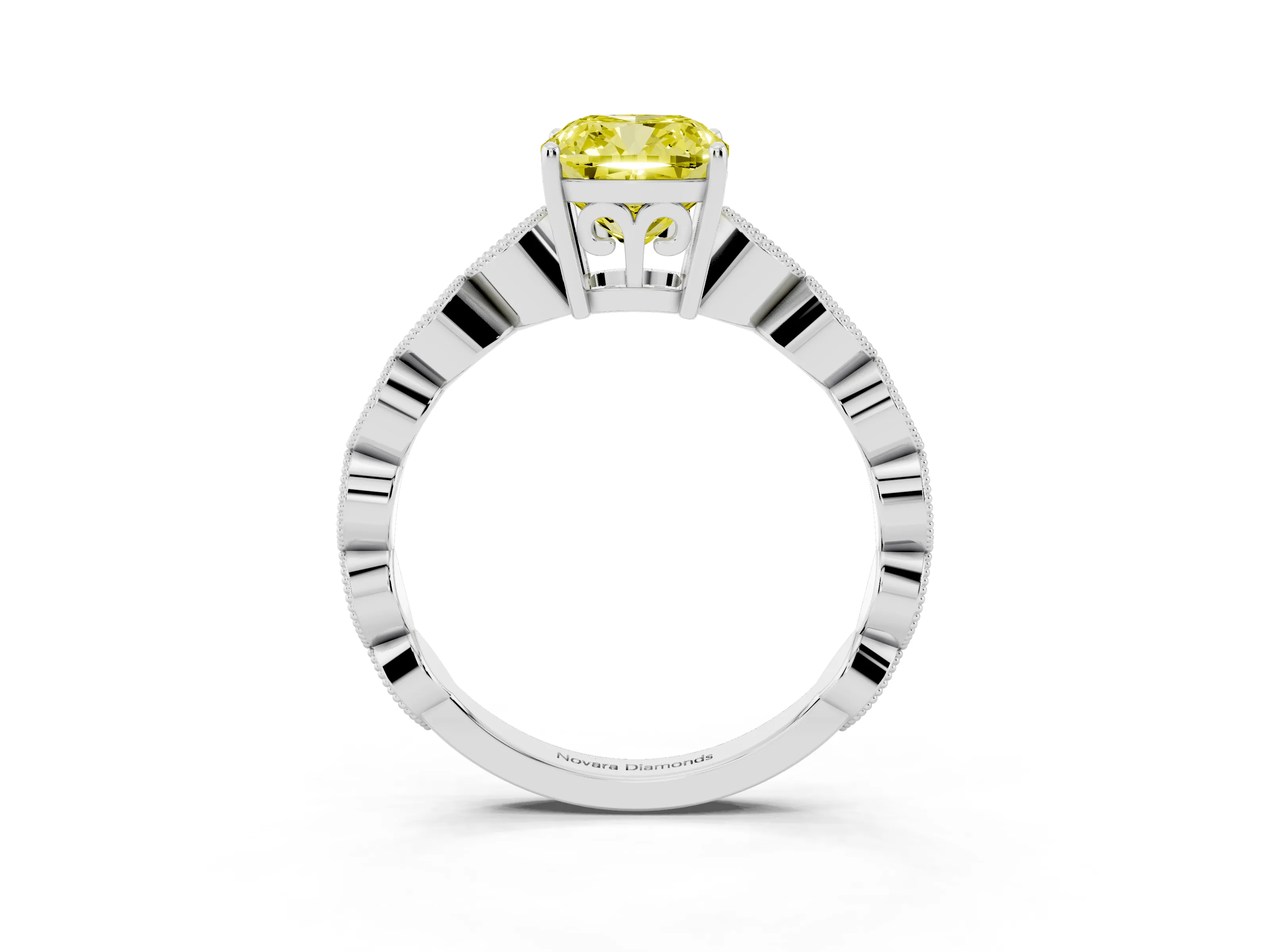 Fancy Yellow Cushion Cut Diamond Solitaire Ring Set in White gold with Infinity Twist Pavé Band