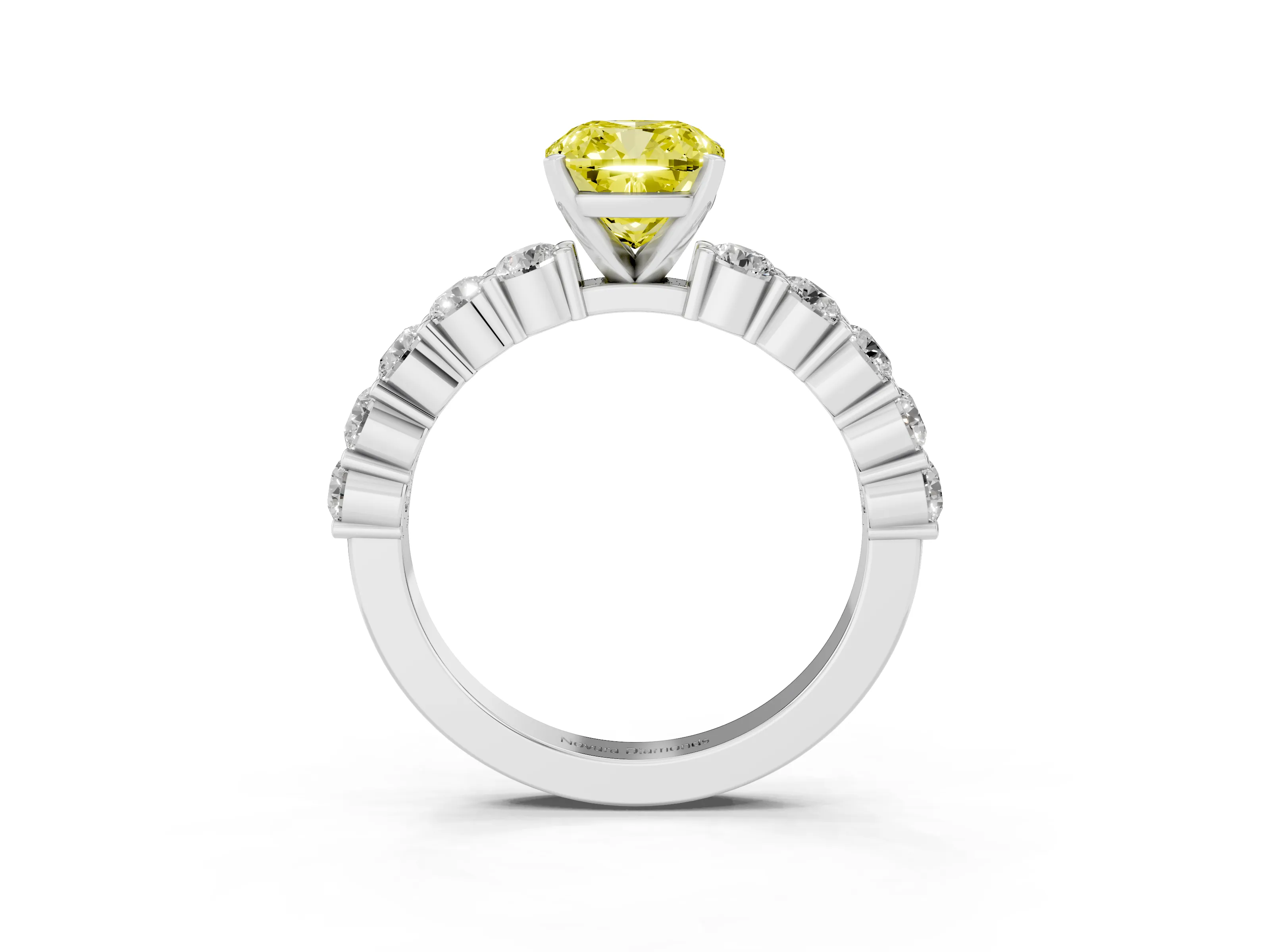 Fancy Yellow Cushion Cut Diamond Solitaire Ring Set in Silver with Shared Prong Round Side Stones