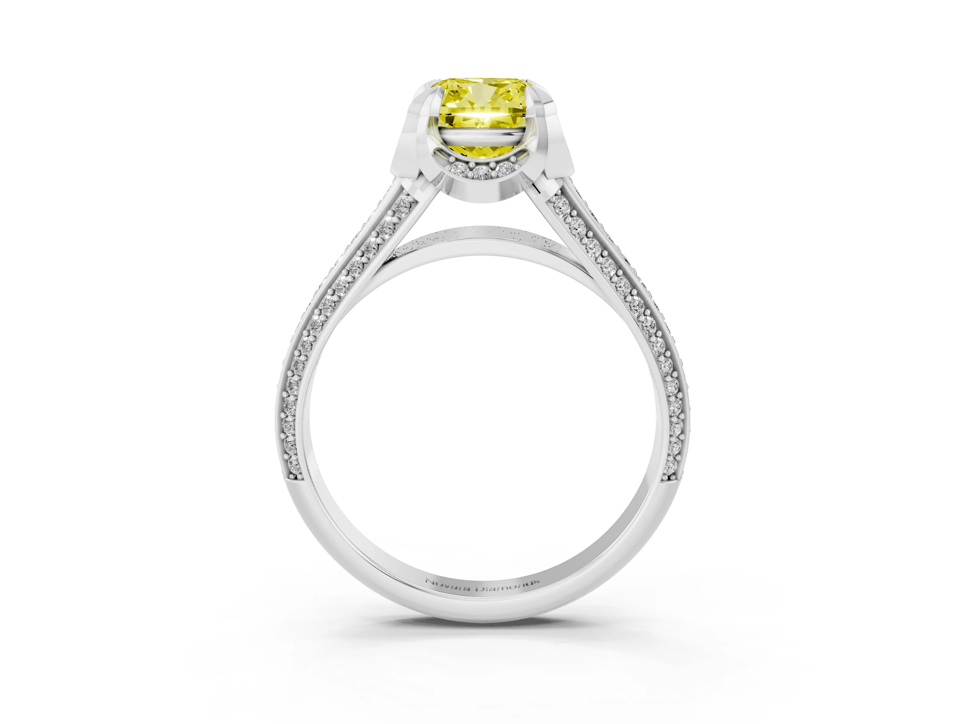 Fancy Yellow Cushion Cut Diamond Pavé Split Shank Solitaire Ring Set in White gold with Prong Setting