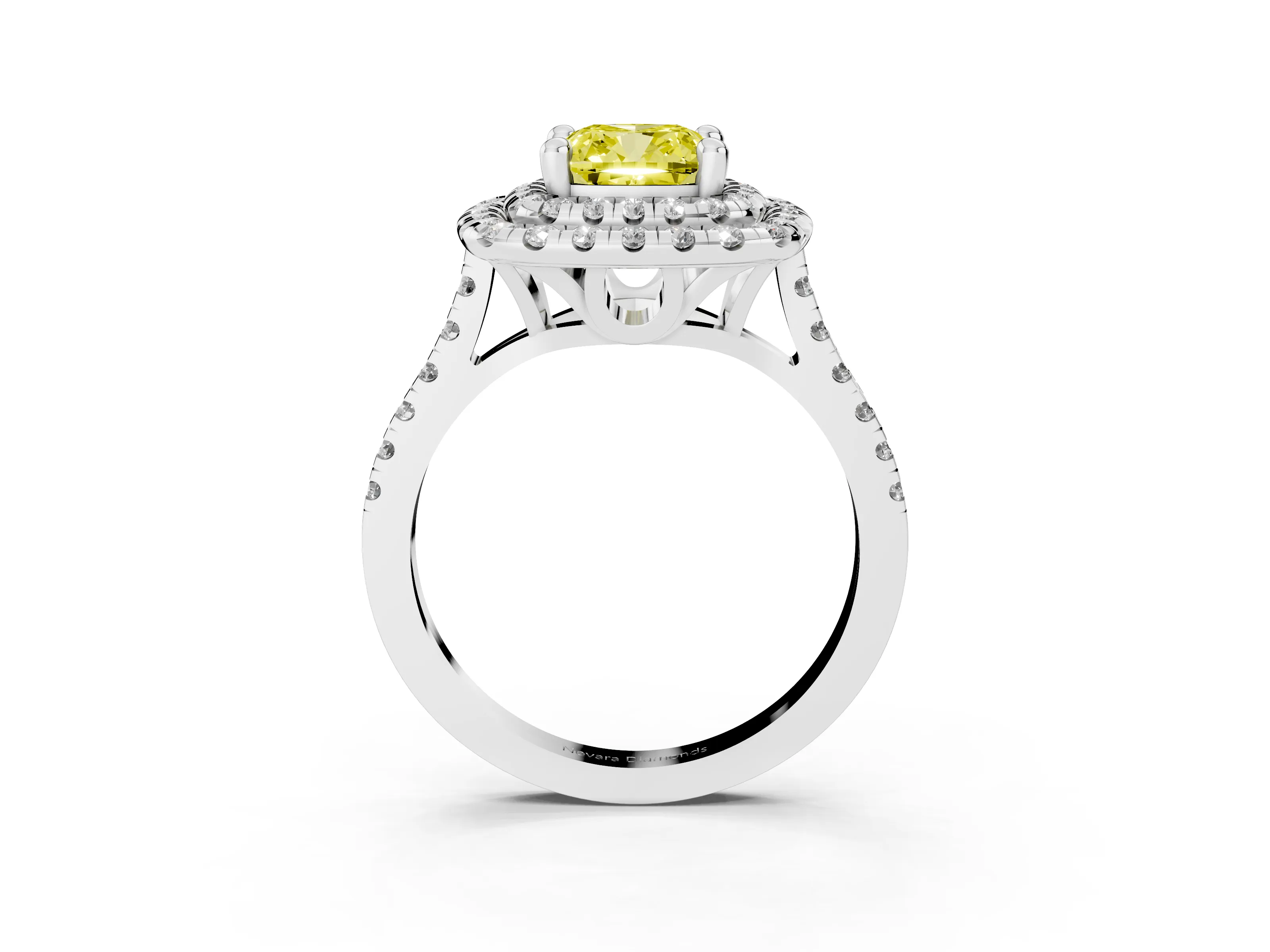 Fancy Yellow Cushion Cut Diamond Double Halo Statement Ring Set in Platinum with Pavé Band