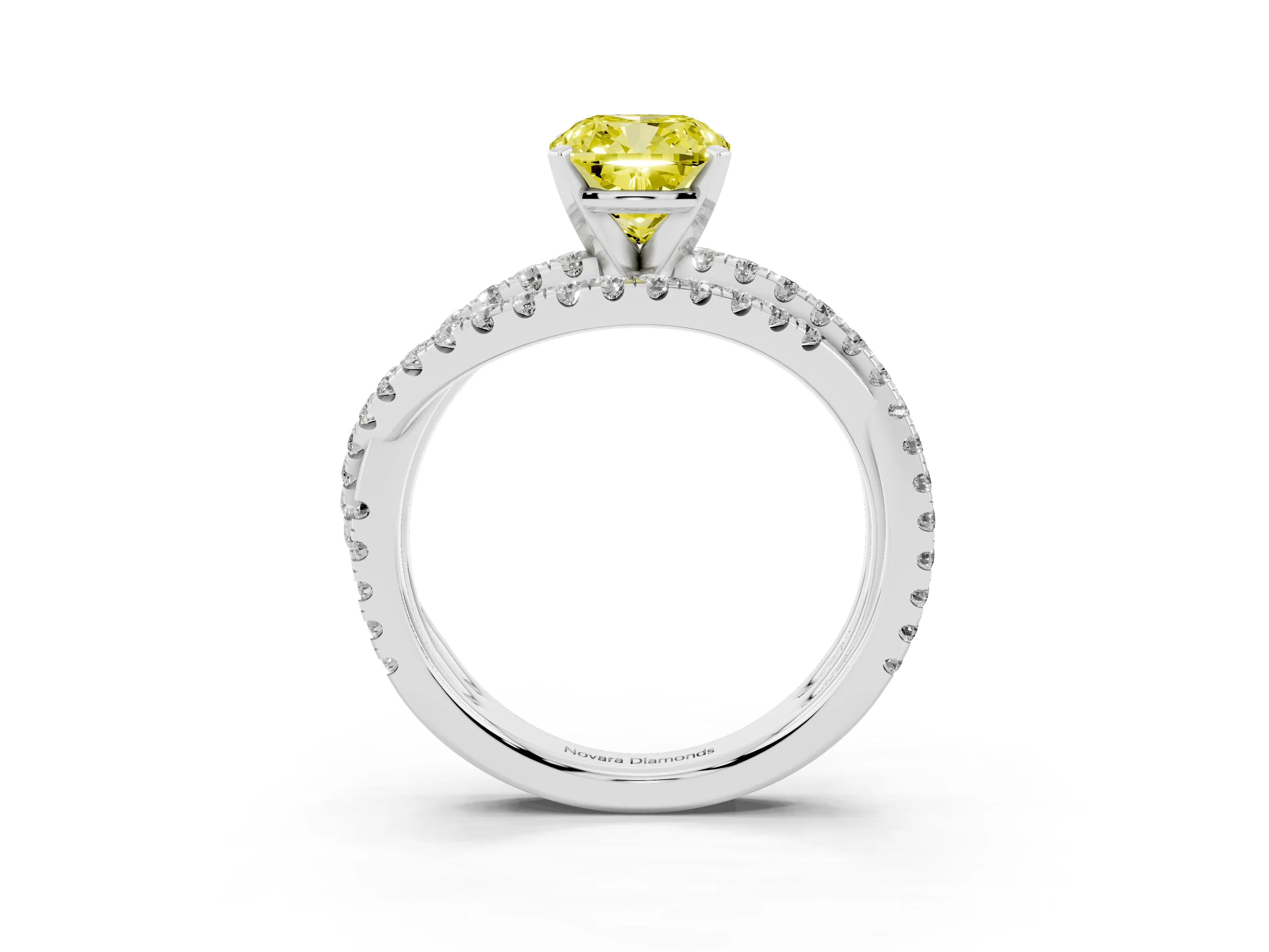Fancy Yellow Cushion Cut Diamond Solitaire Twist Band Ring Set in Silver with Pavé Setting and Prong Head