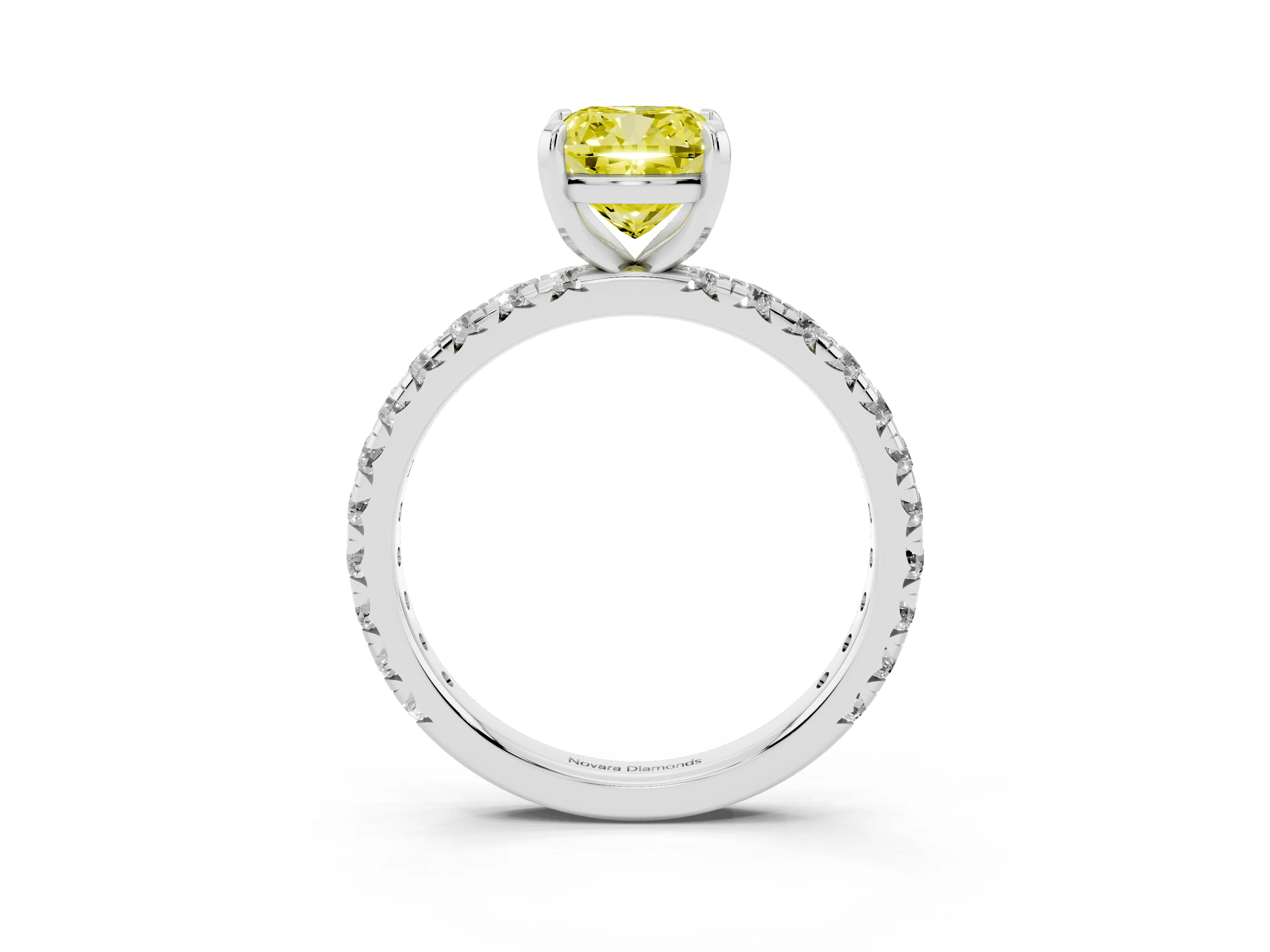 Fancy Yellow Cushion Cut Diamond Pavé Solitaire Ring Set in White gold with Round Band and Prong Setting